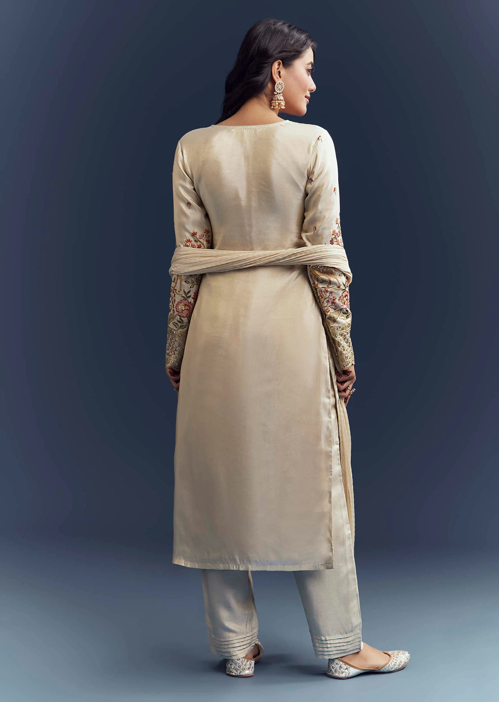Cream Tissue Kurta Set With Resham And Zardosi Work - Image 3