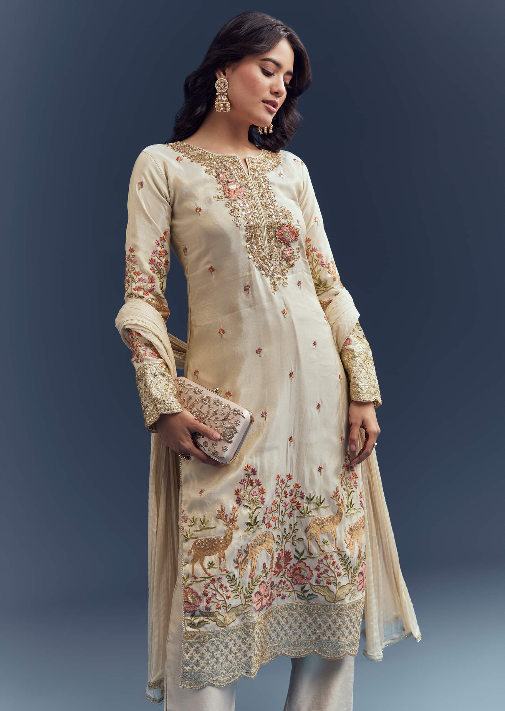 Cream Tissue Kurta Set With Resham And Zardosi Work - Image 5