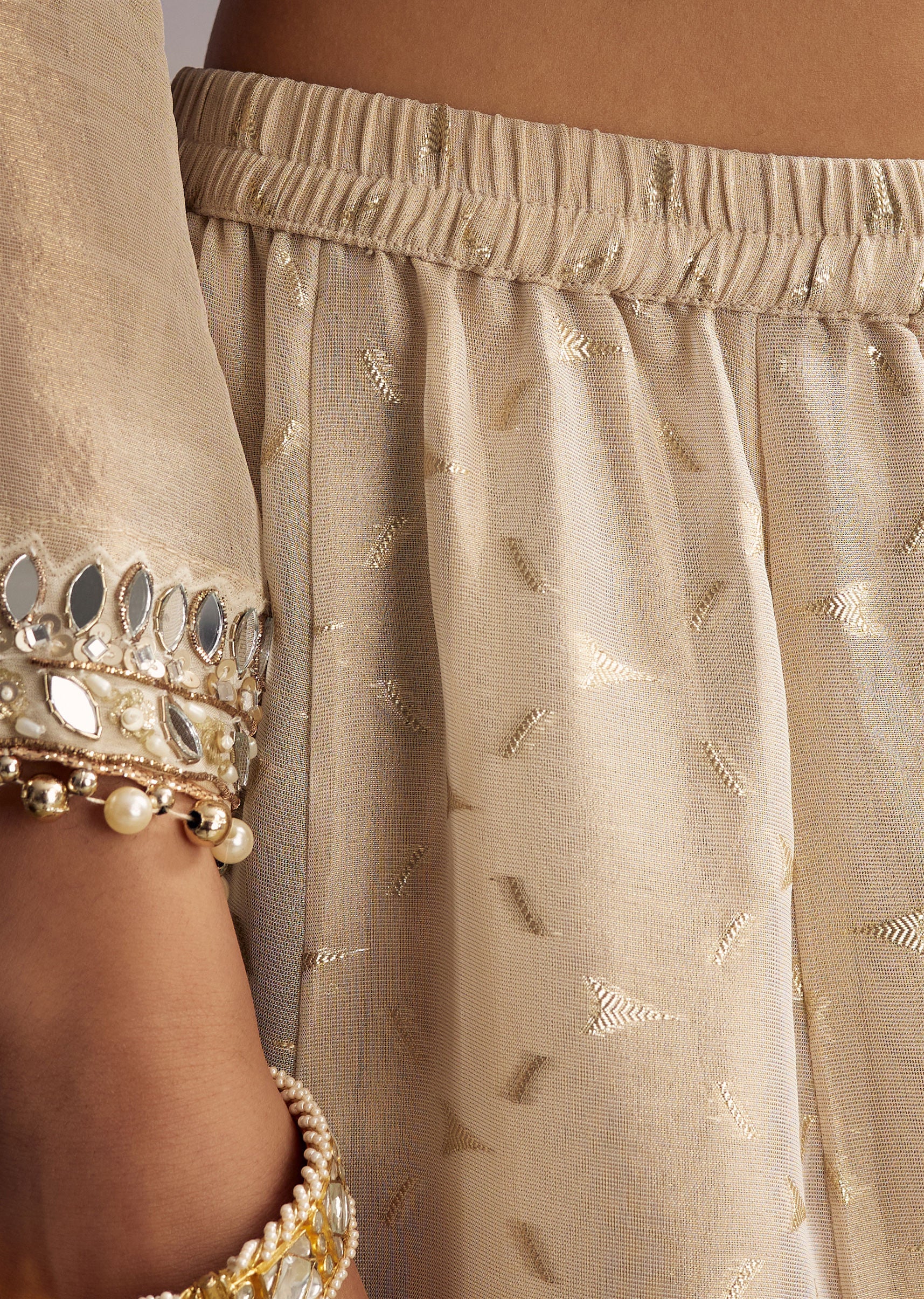 Cream Tissue Palazzo Suit With Mirror And Moti Embroidery And Dupatta - Image 5
