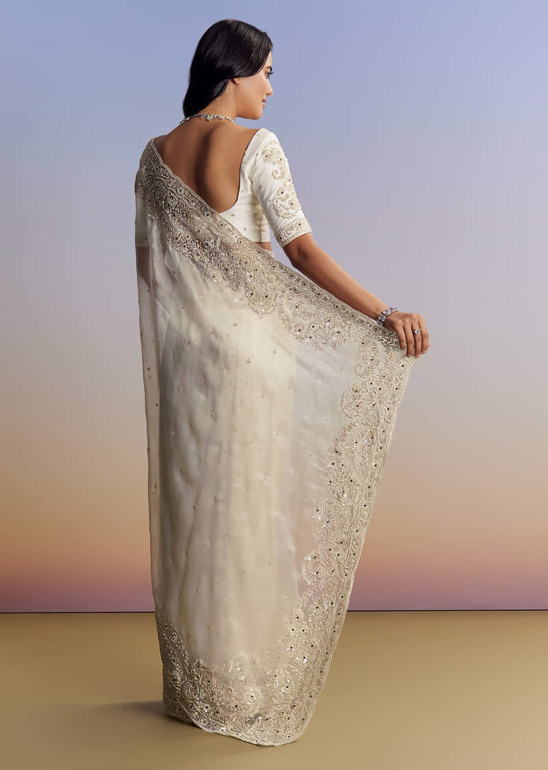 Cream Tissue Saree With Sequins Floral Embroidery - Image 6