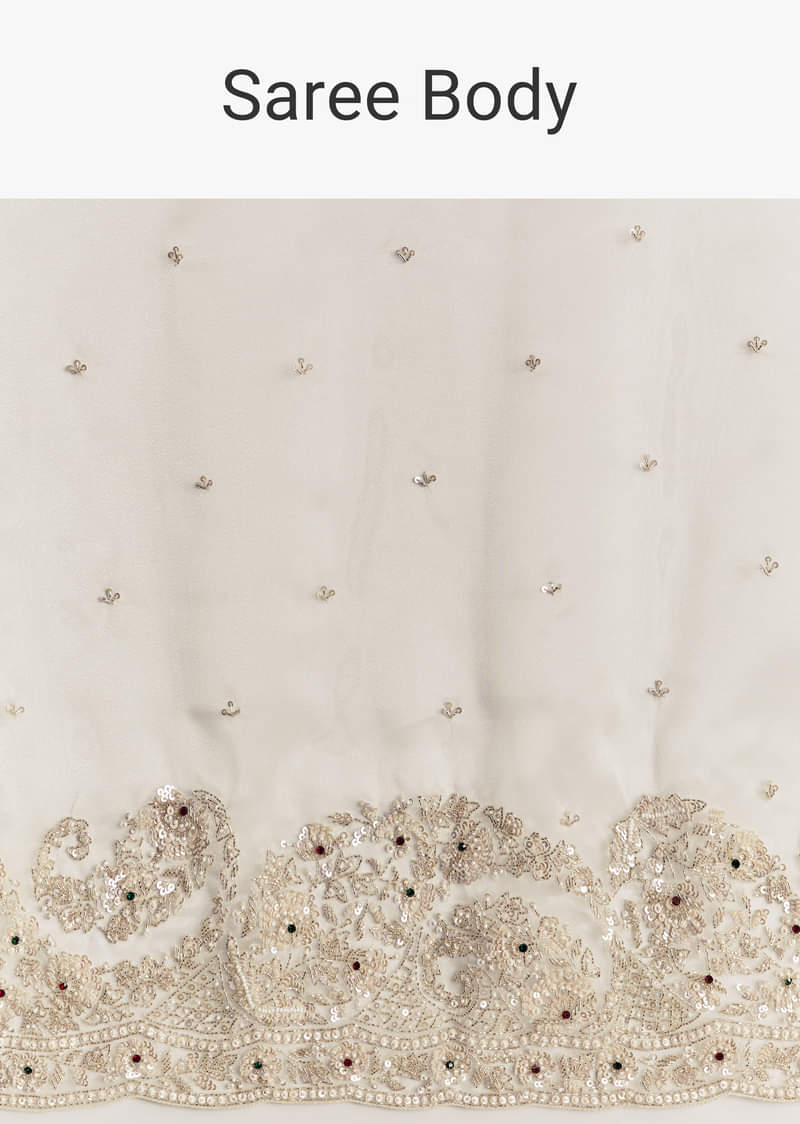 Cream Tissue Saree With Sequins Floral Embroidery - Image 9