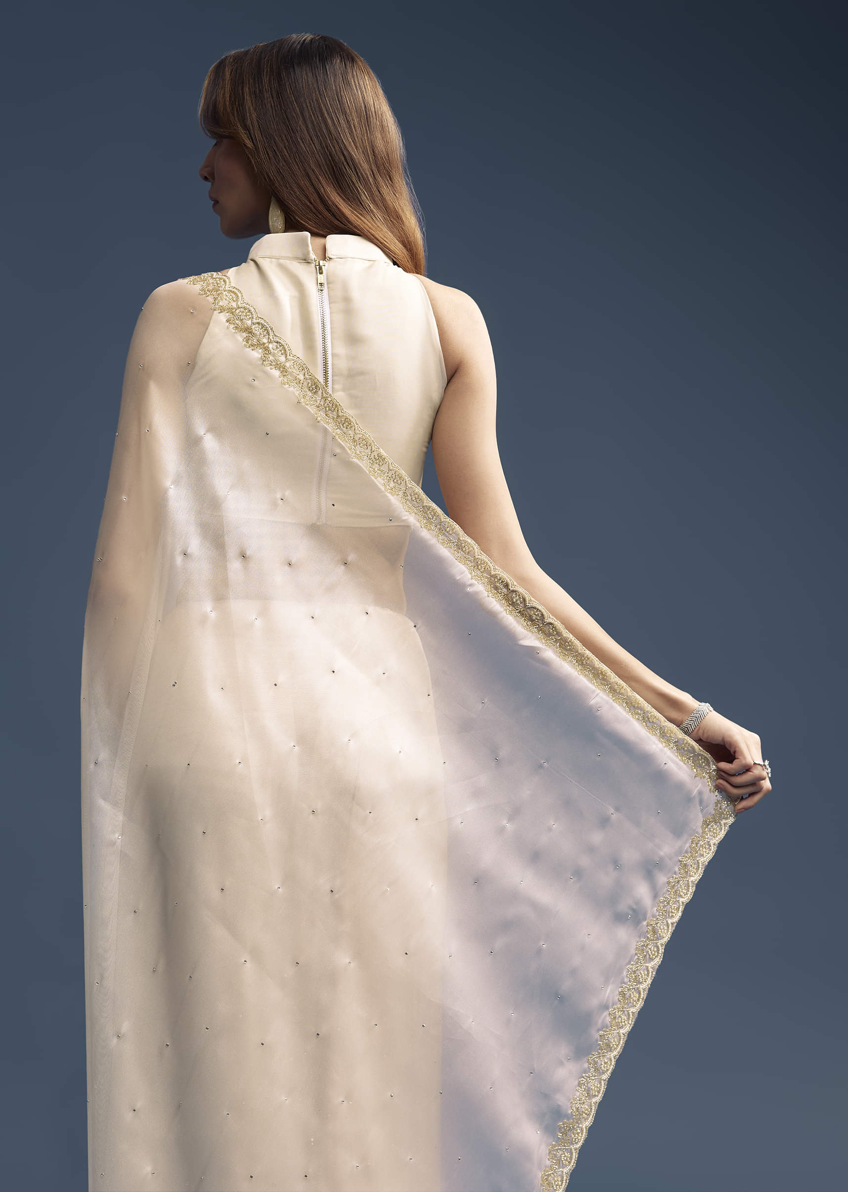 Cream Tissue Saree With Stone And Beaded Embroidery - Image 3