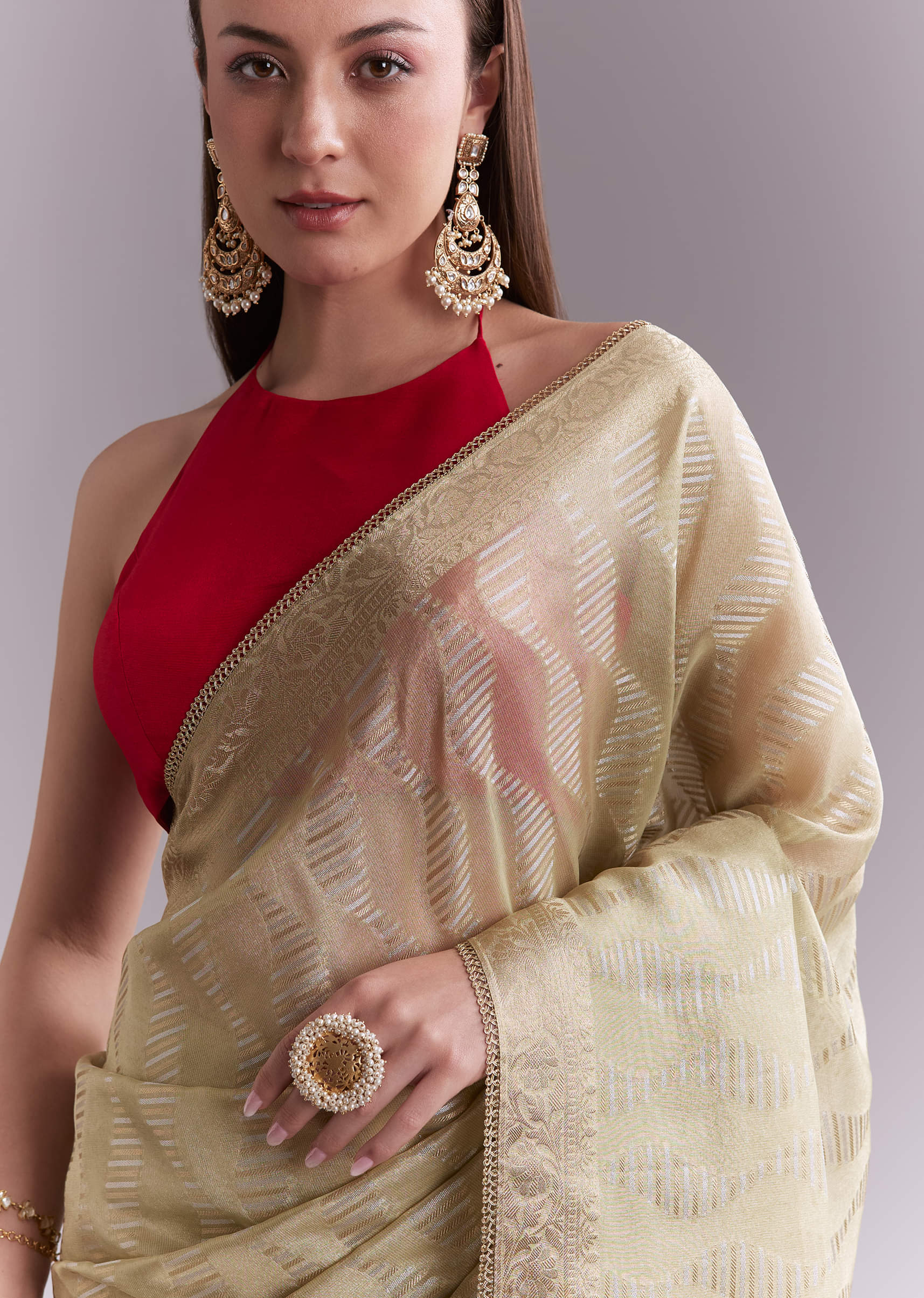 Cream Tissue Saree With Subtle Weave And Zari Border - Image 2