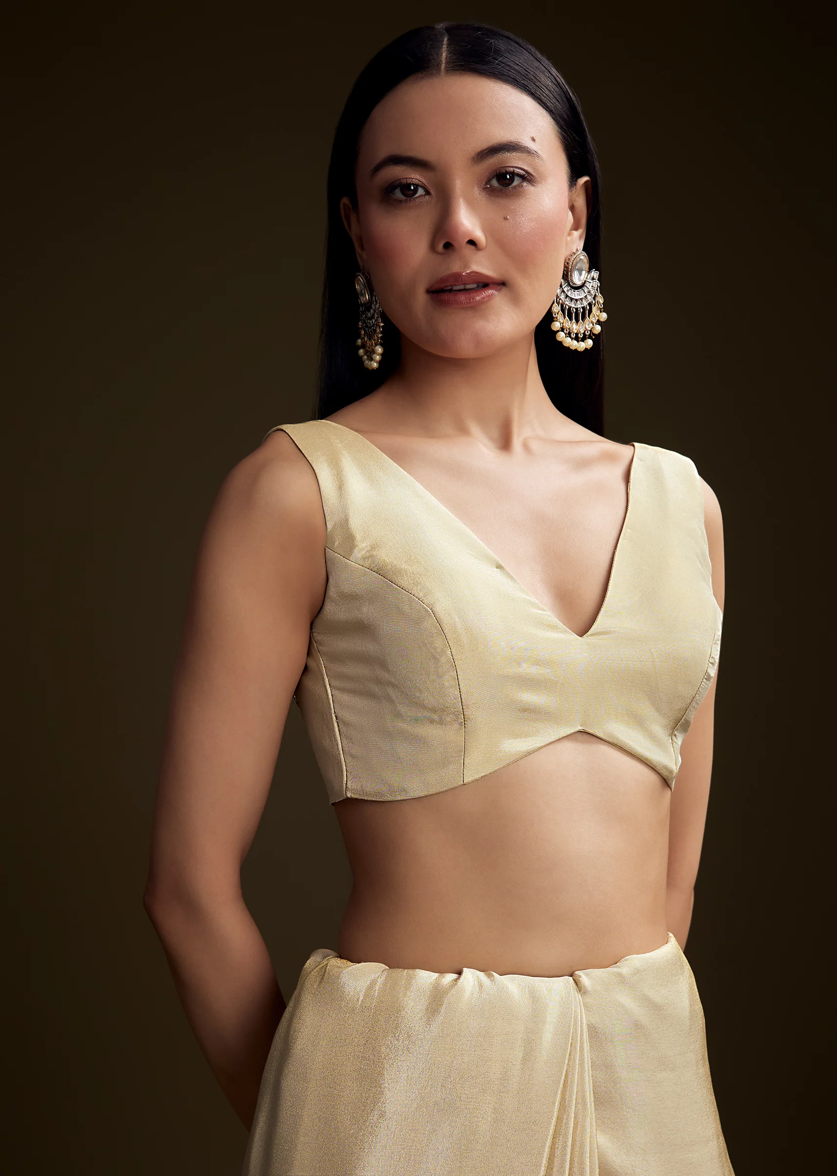 Cream Tissue Saree With Zardosi And Bead Embroidery - Image 7