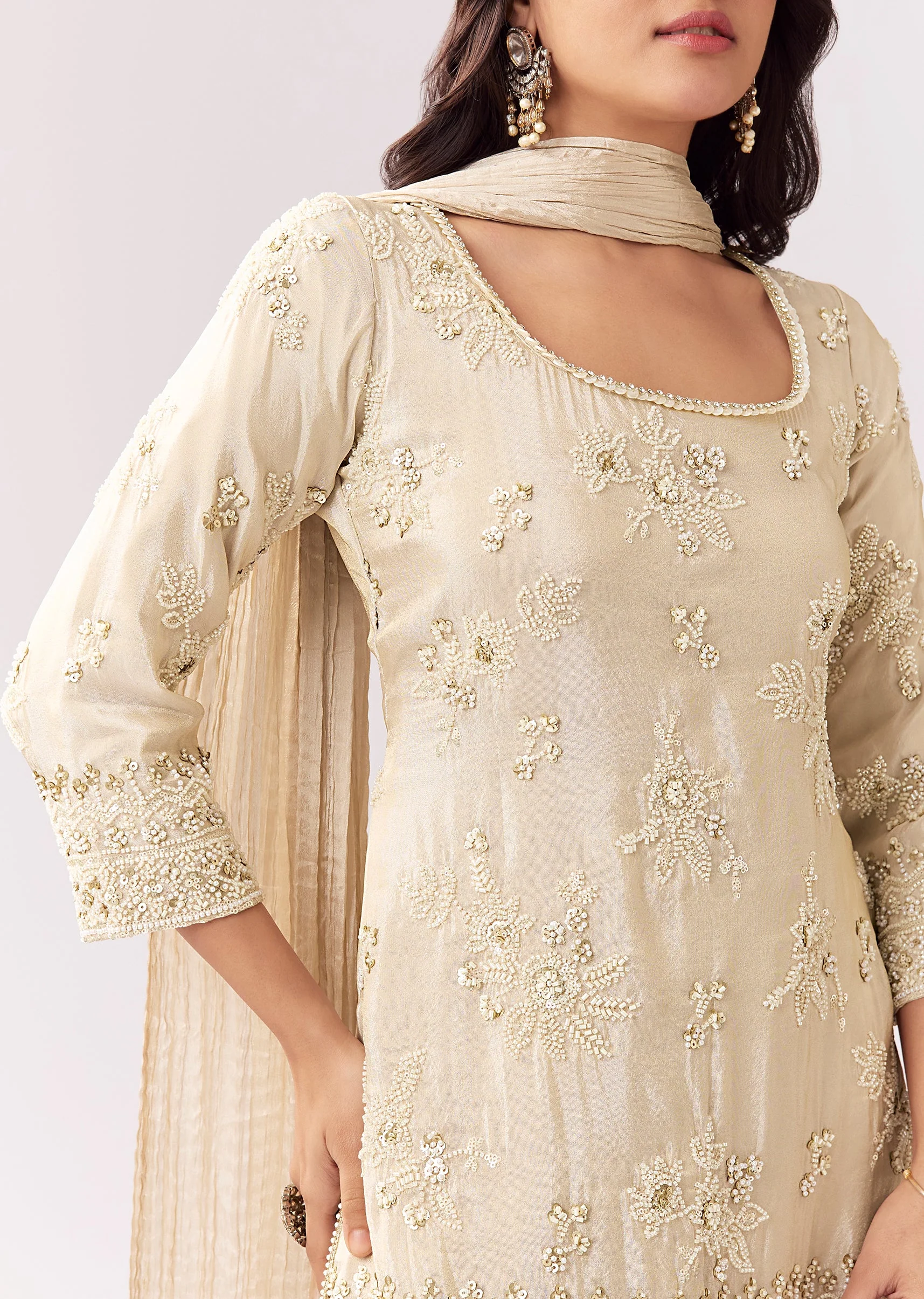 Cream Tissue Sharara Set With Bead And Sequin - Image 2