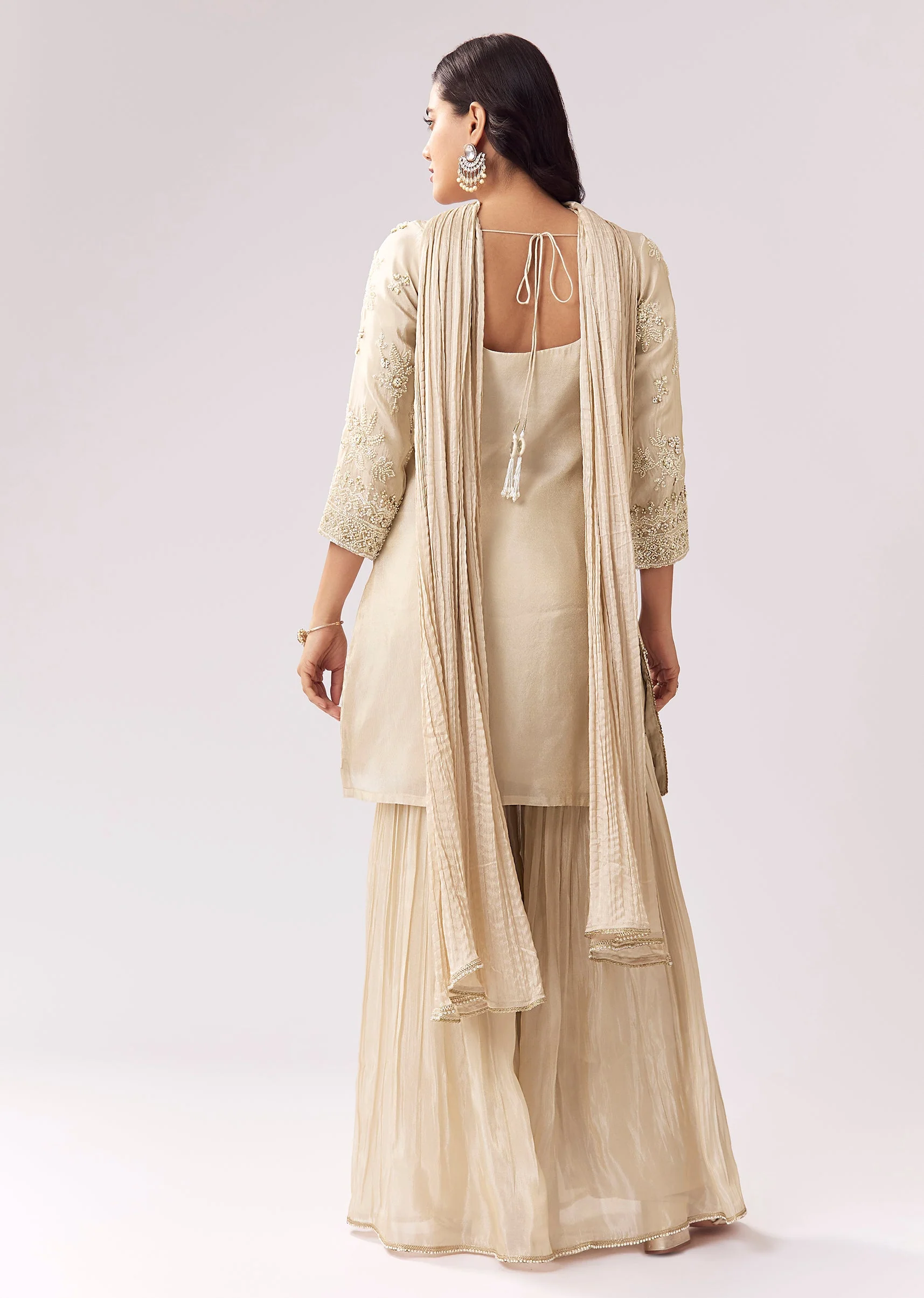 Cream Tissue Sharara Set With Bead And Sequin - Image 5