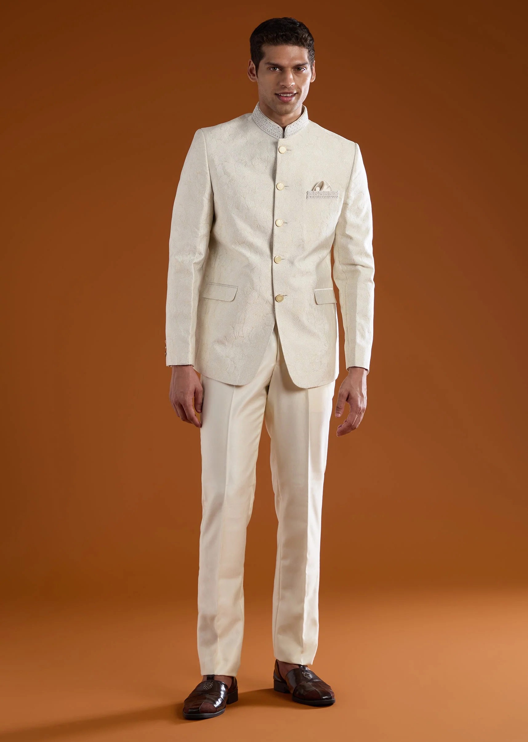 Cream Viscose Jodhpuri Pant Set with Bead Work - Image 4
