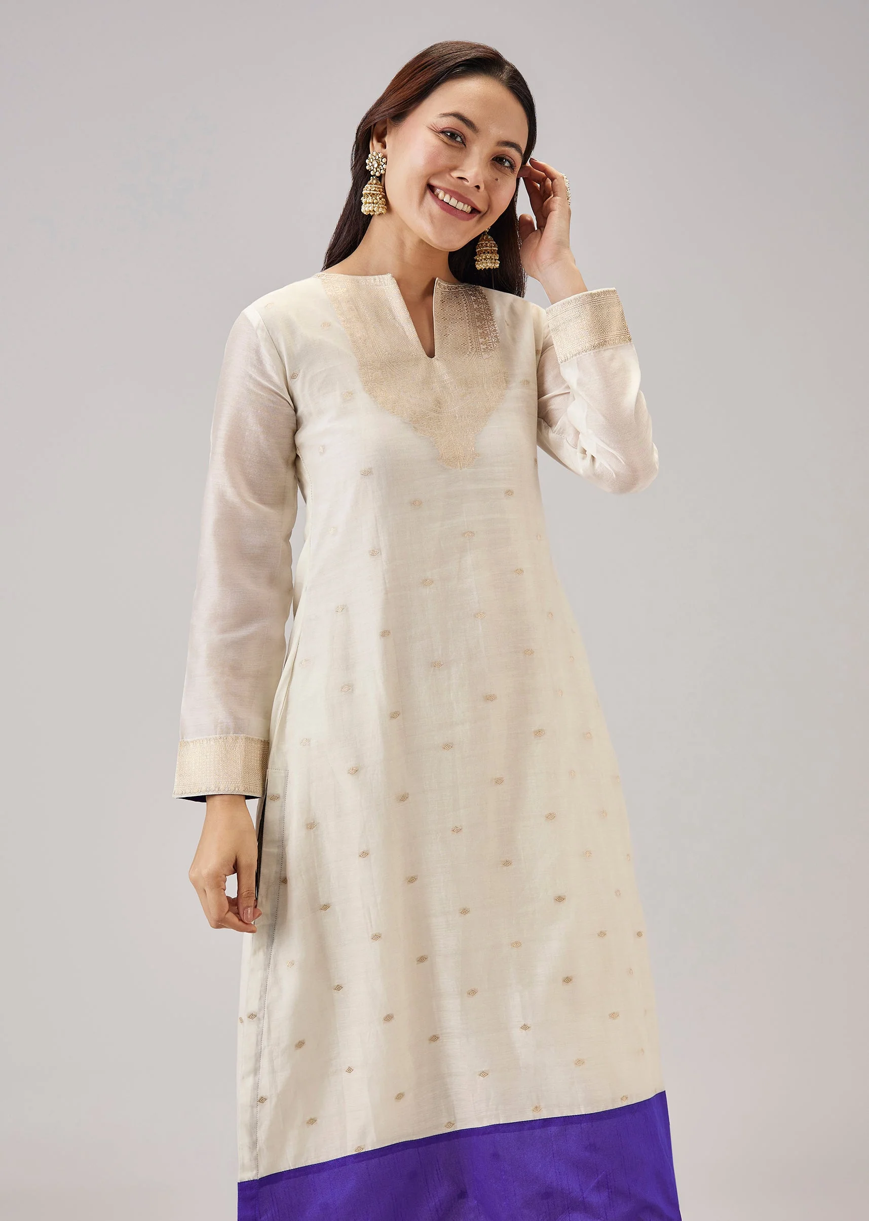 Cream Weaved Chanderi Kurta Set - Image 4