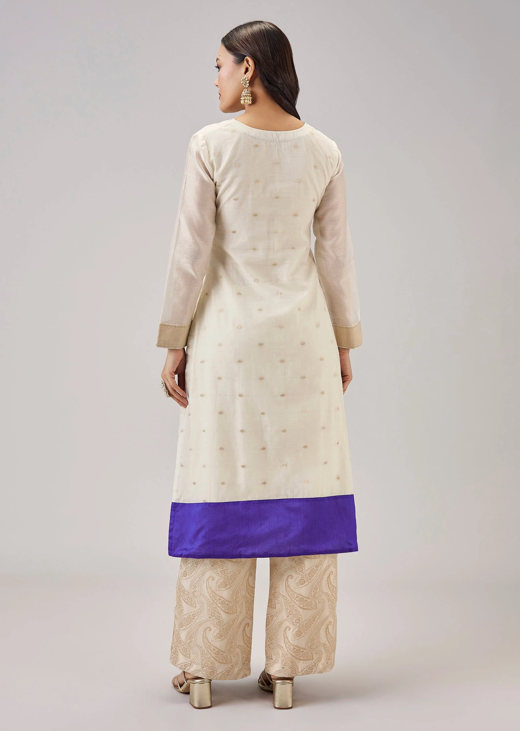 Cream Weaved Chanderi Kurta Set - Image 5