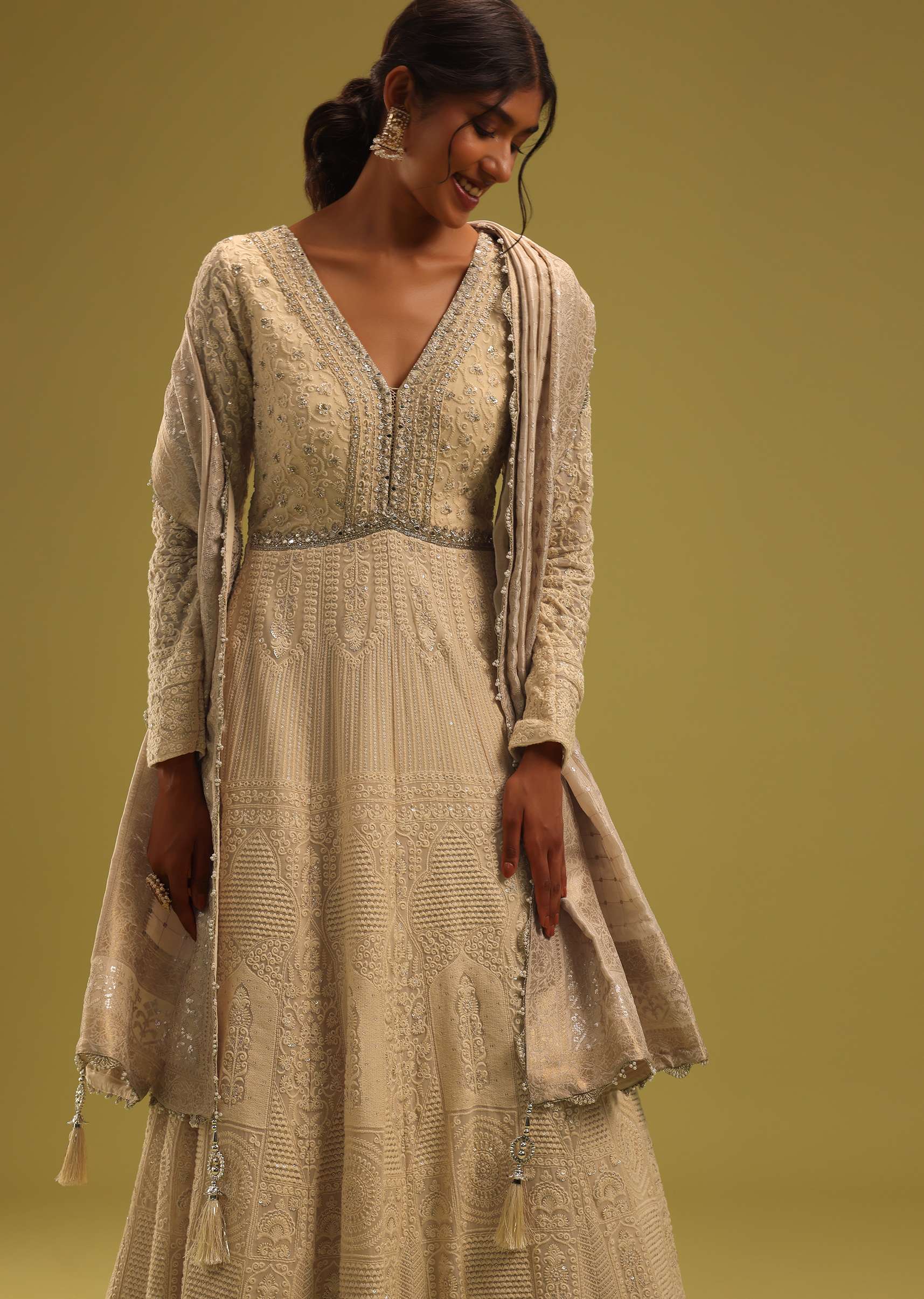 Cream White Anarkali Set In Georgette With Lucknowi Work - Image 4