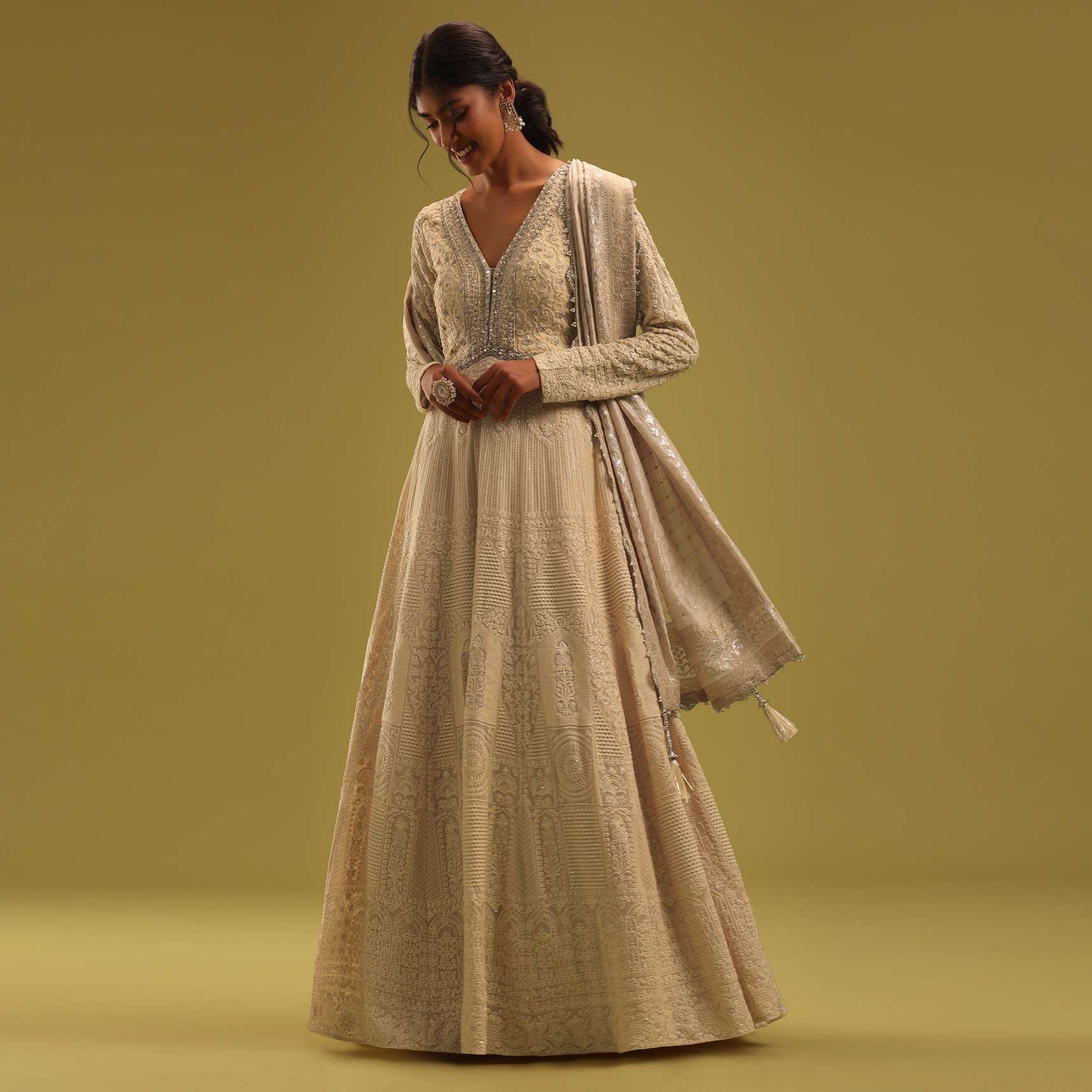 Cream White Anarkali Set In Georgette With Lucknowi Work - Image 5