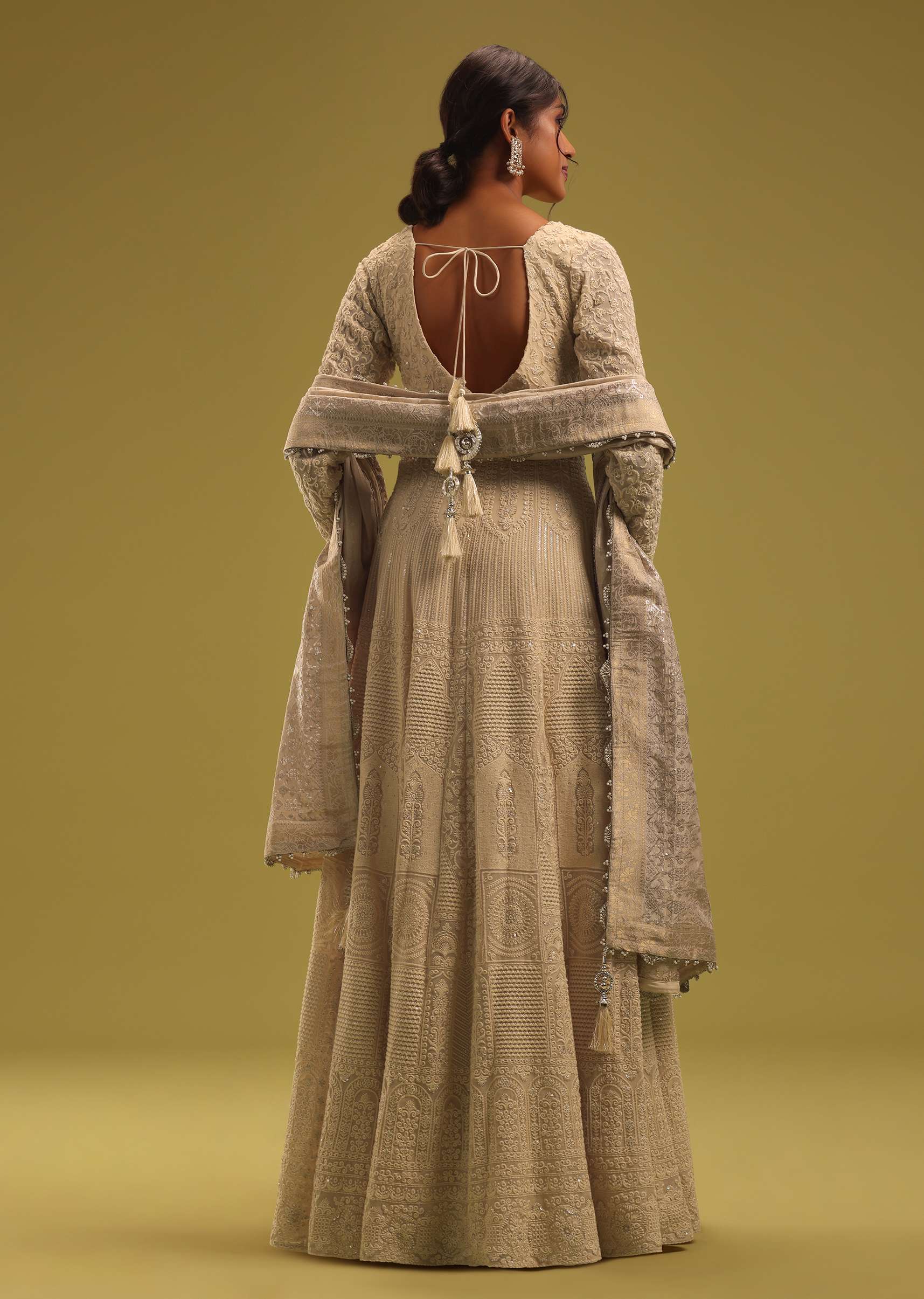 Cream White Anarkali Set In Georgette With Lucknowi Work - Image 9