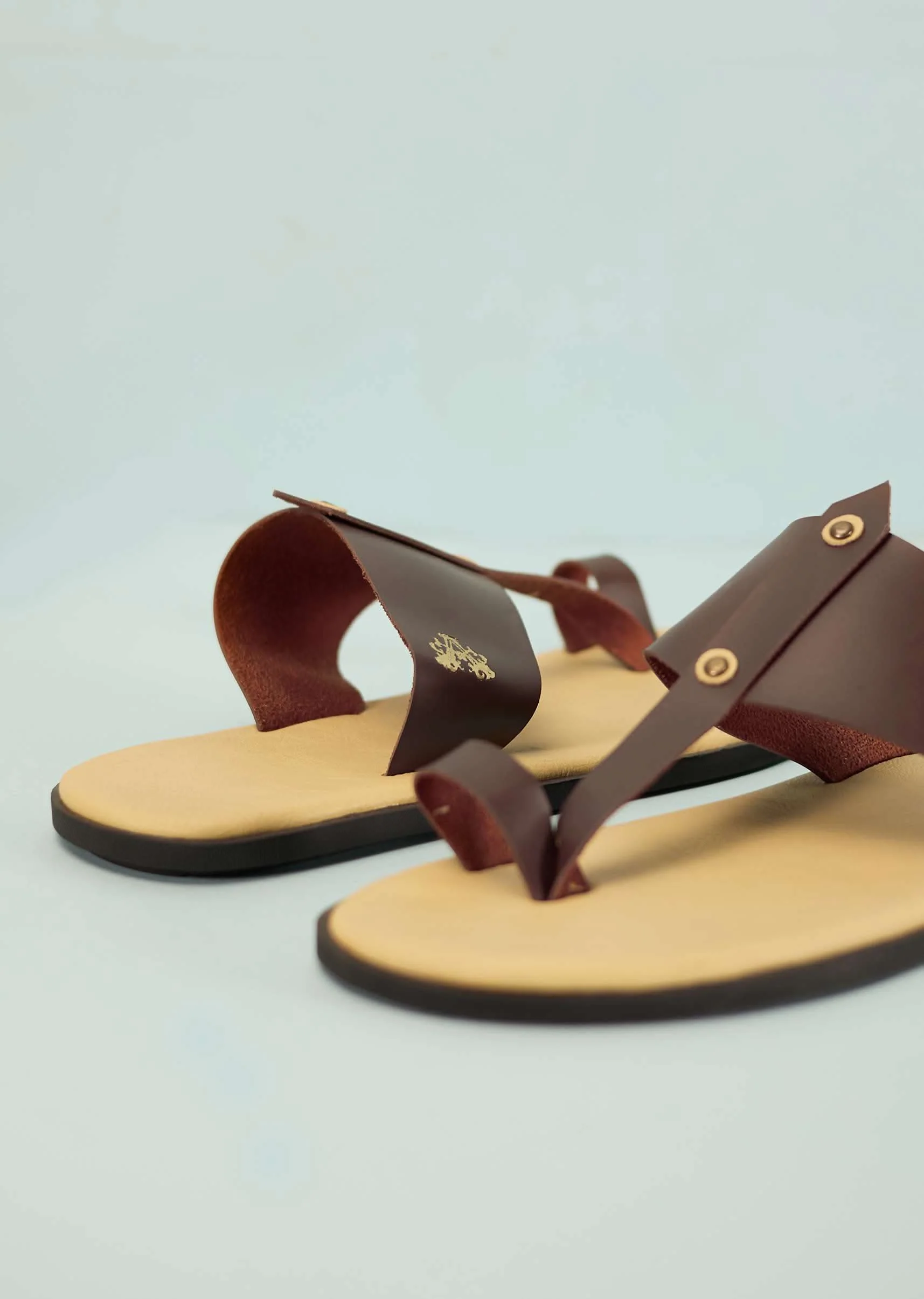 Cream White And Mocha Brown Strappy Slides For Men In Leather With Buttons - Image 2