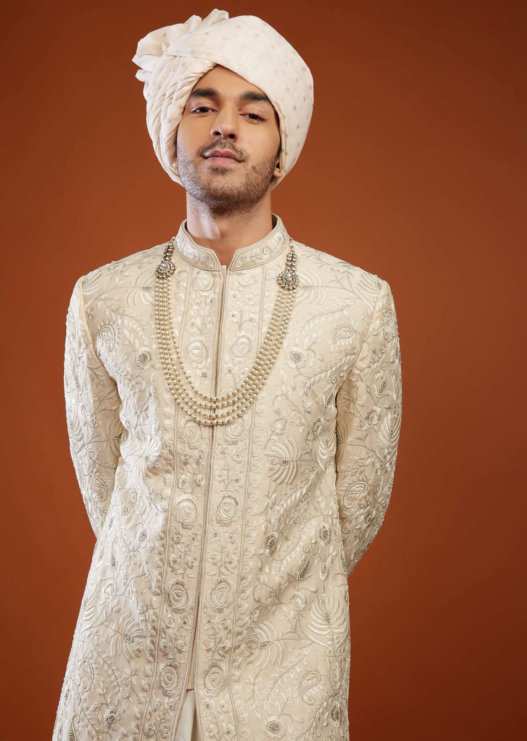 Cream White Embroidered Sherwani Set In Tussar Silk - Image 4