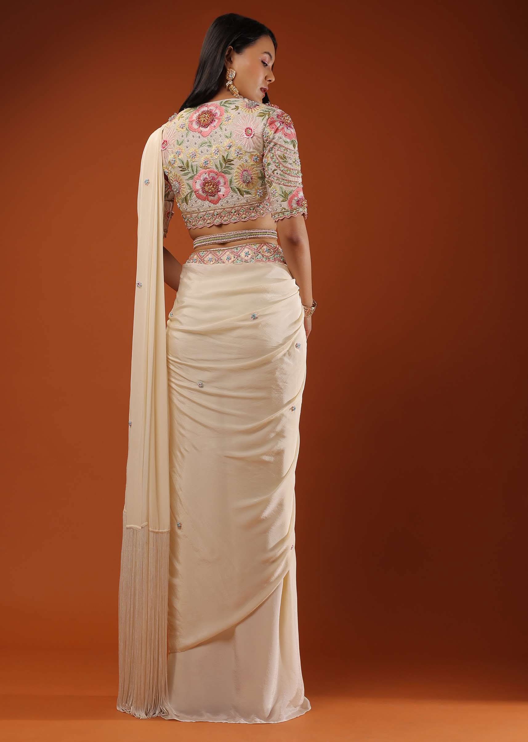 Cream White Ready Tp Wear Saree With Floral Hand Work On The Blouse - Image 5