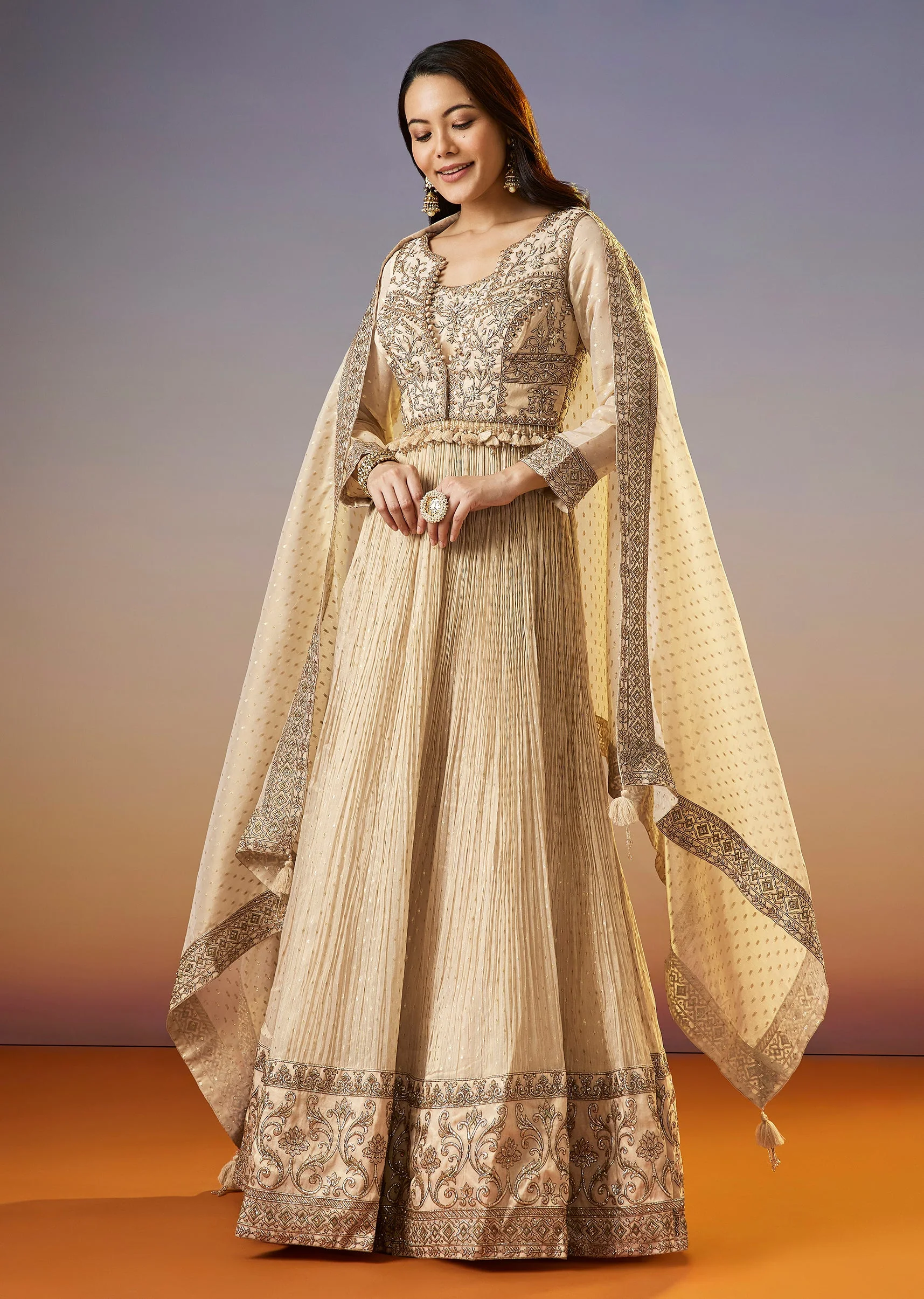 Cream Zardosi Jacket Anarkali Set With Dupatta - Image 3