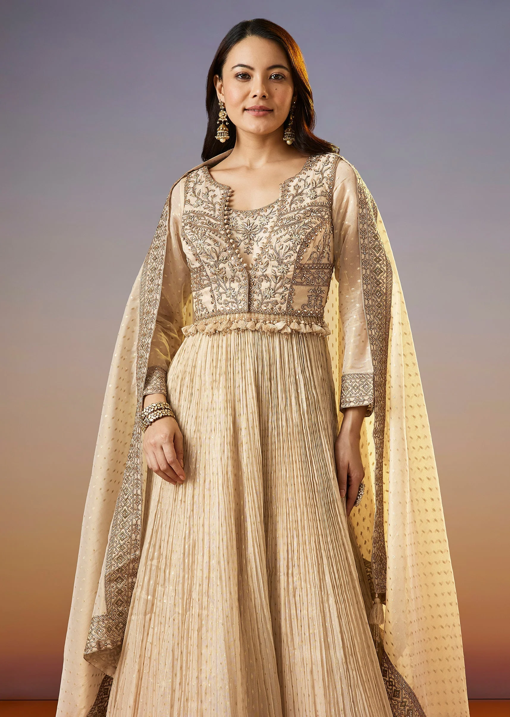 Cream Zardosi Jacket Anarkali Set With Dupatta - Image 4