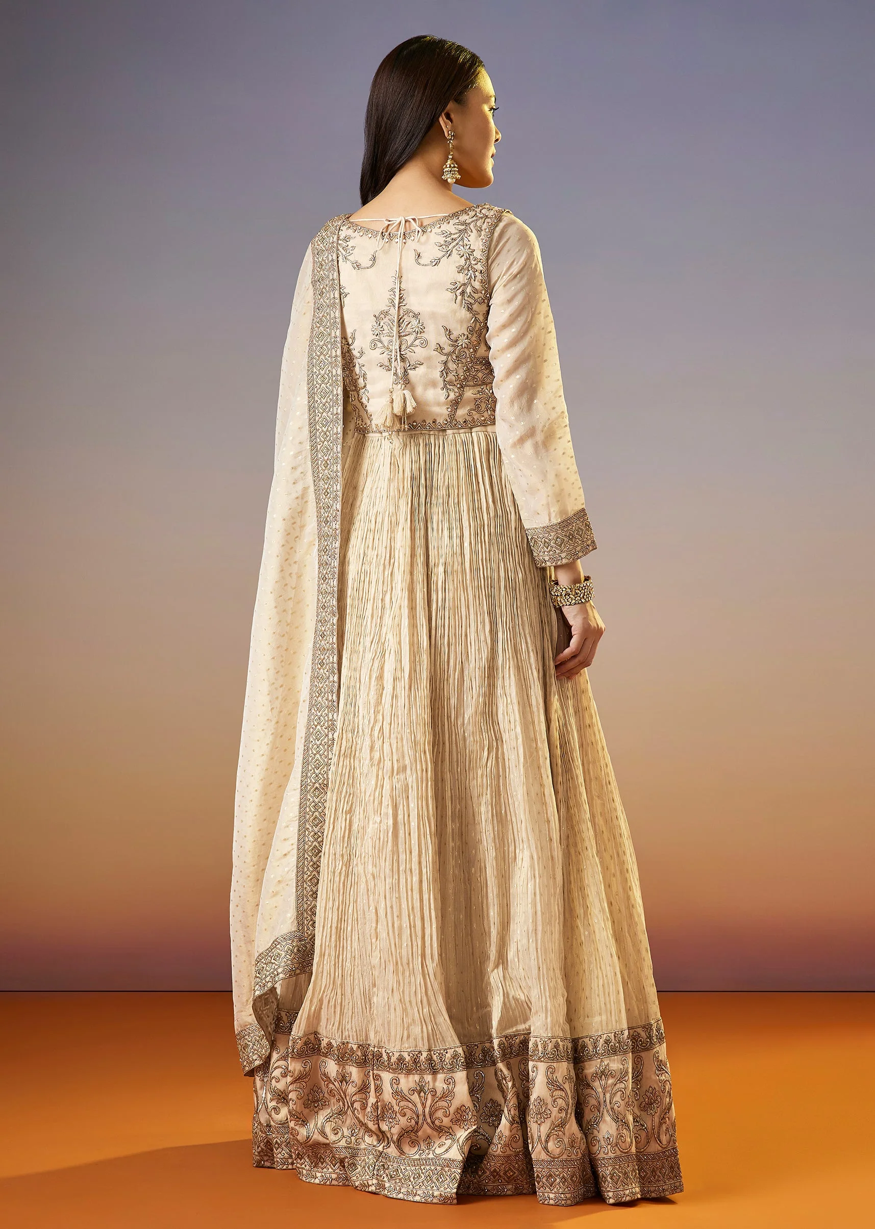 Cream Zardosi Jacket Anarkali Set With Dupatta - Image 5