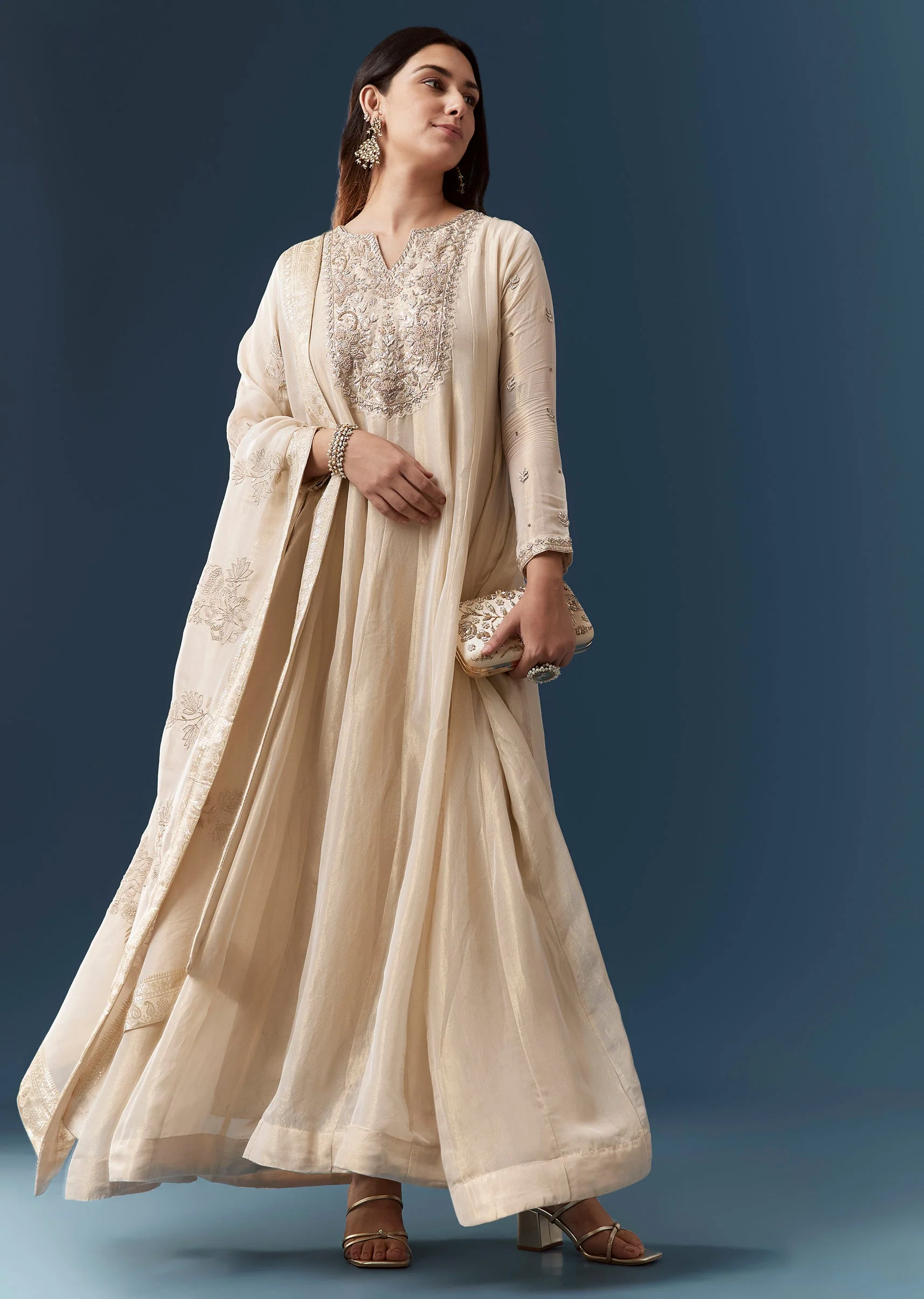 Cream Zardozi Work Anarkali Set - Image 3