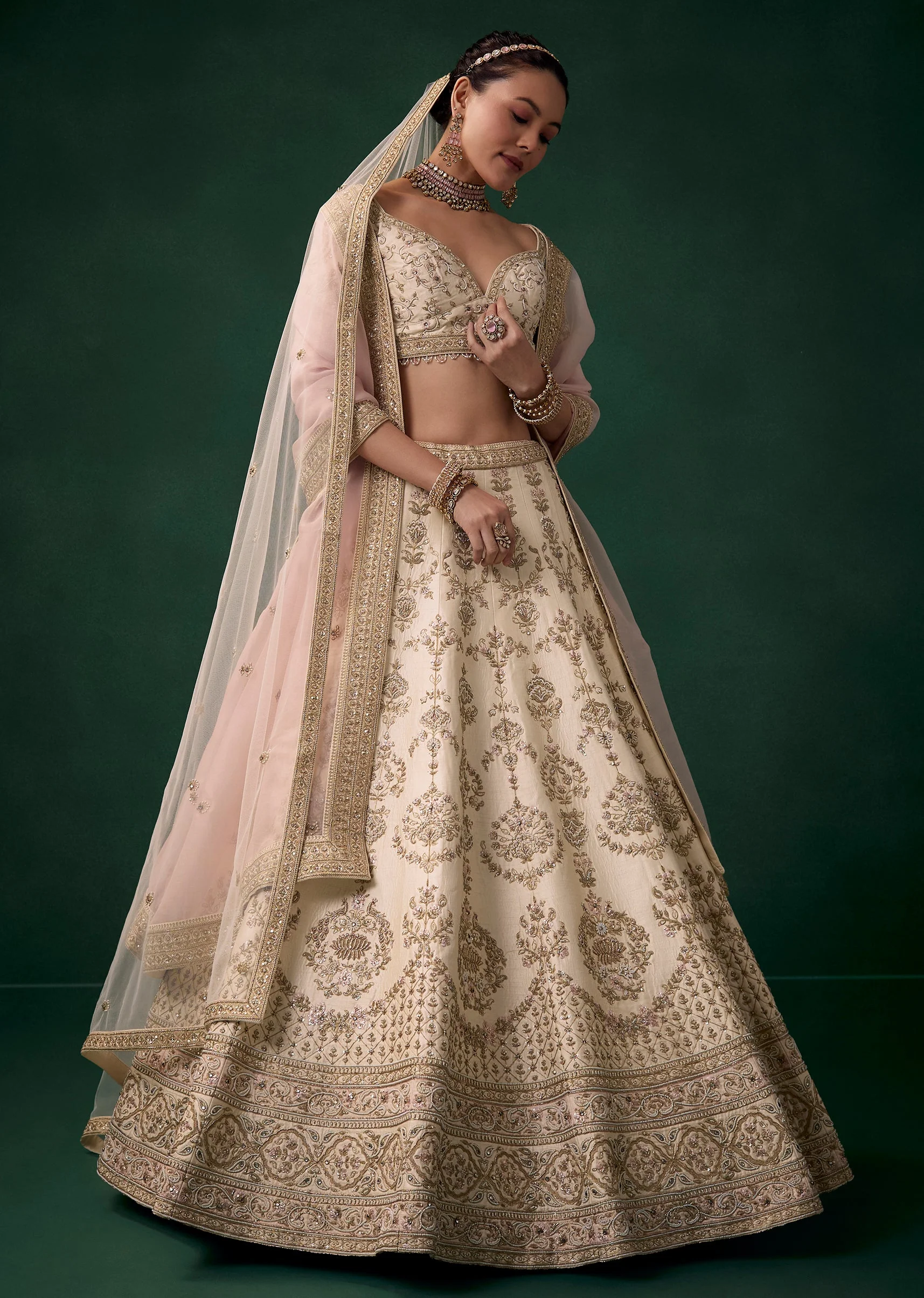 Cream Zari Embroidered Bridal Lehenga Set - Image 4