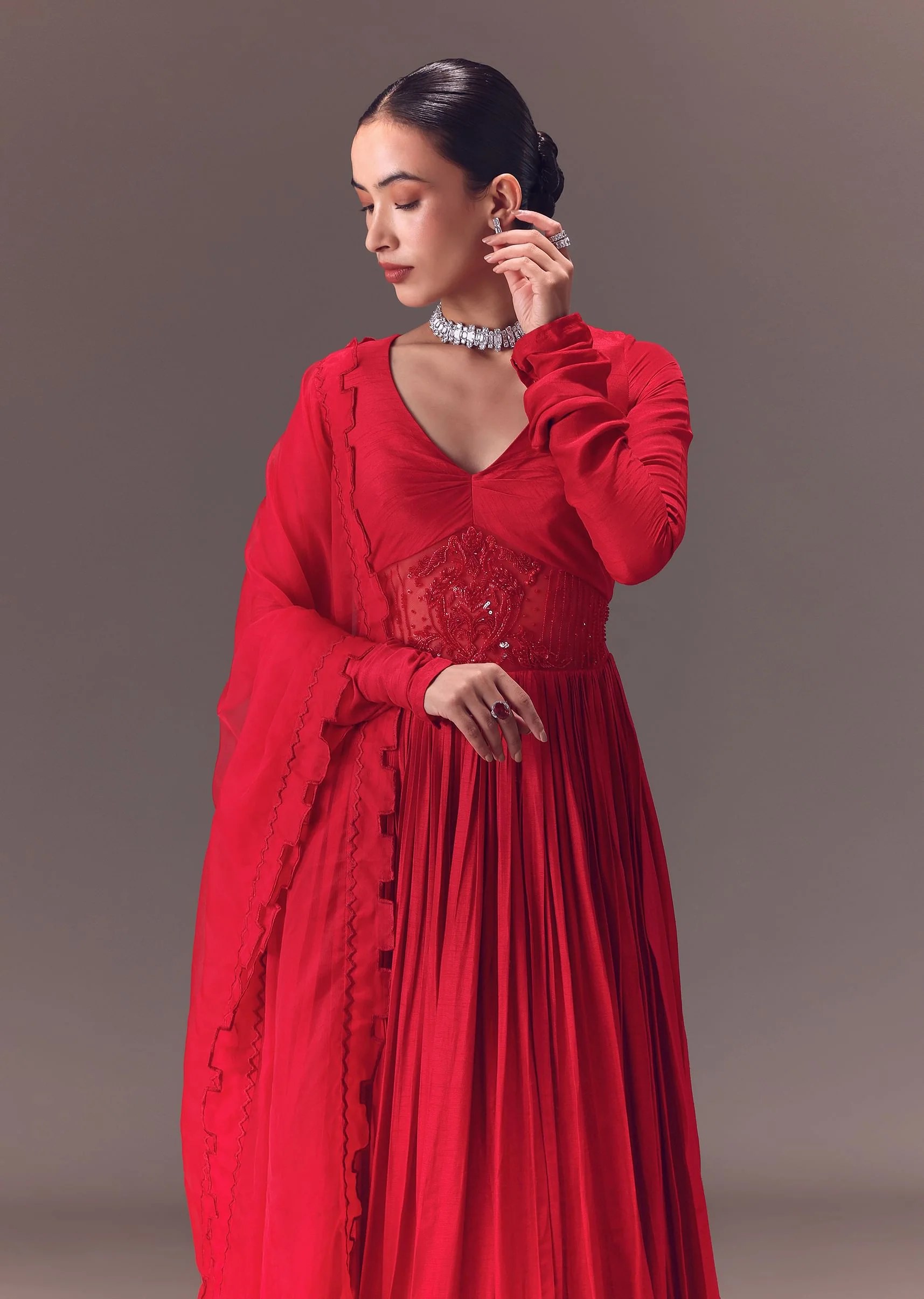 Crimson Red Ruched Embroidered Suit With Dupatta - Image 4