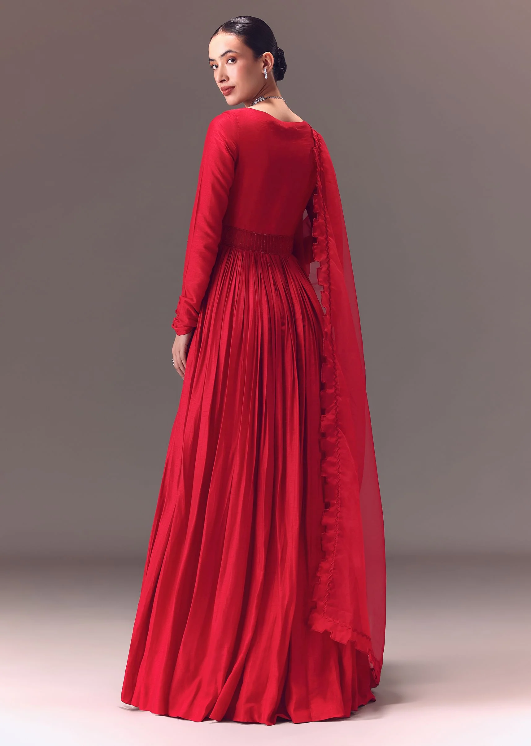 Crimson Red Ruched Embroidered Suit With Dupatta - Image 5