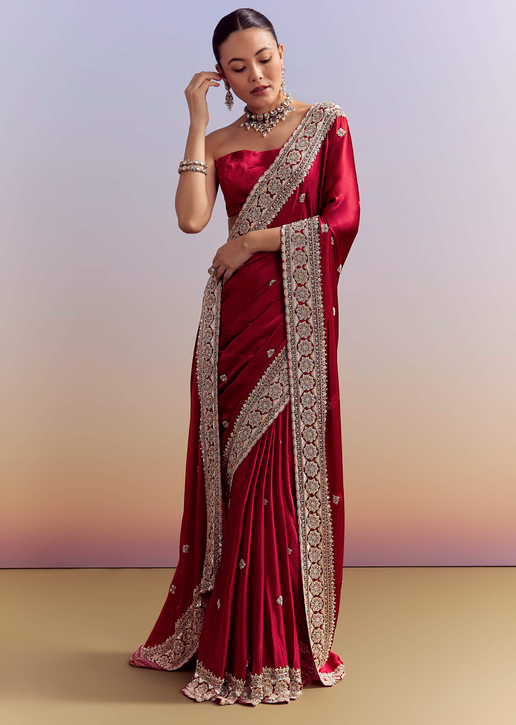 Crimson Red Satin Saree With Floral Border And Butti - Image 3