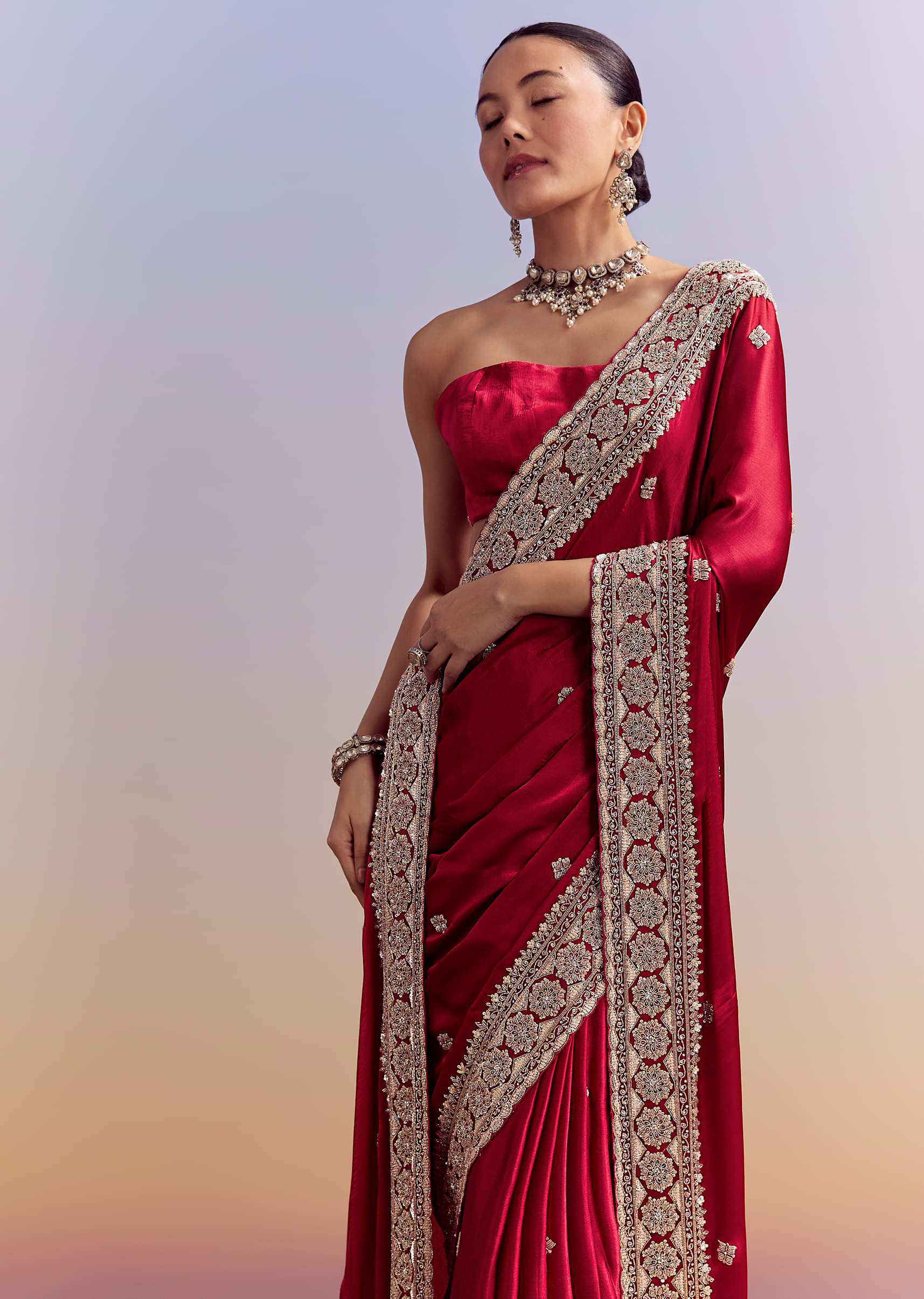 Crimson Red Satin Saree With Floral Border And Butti - Image 5