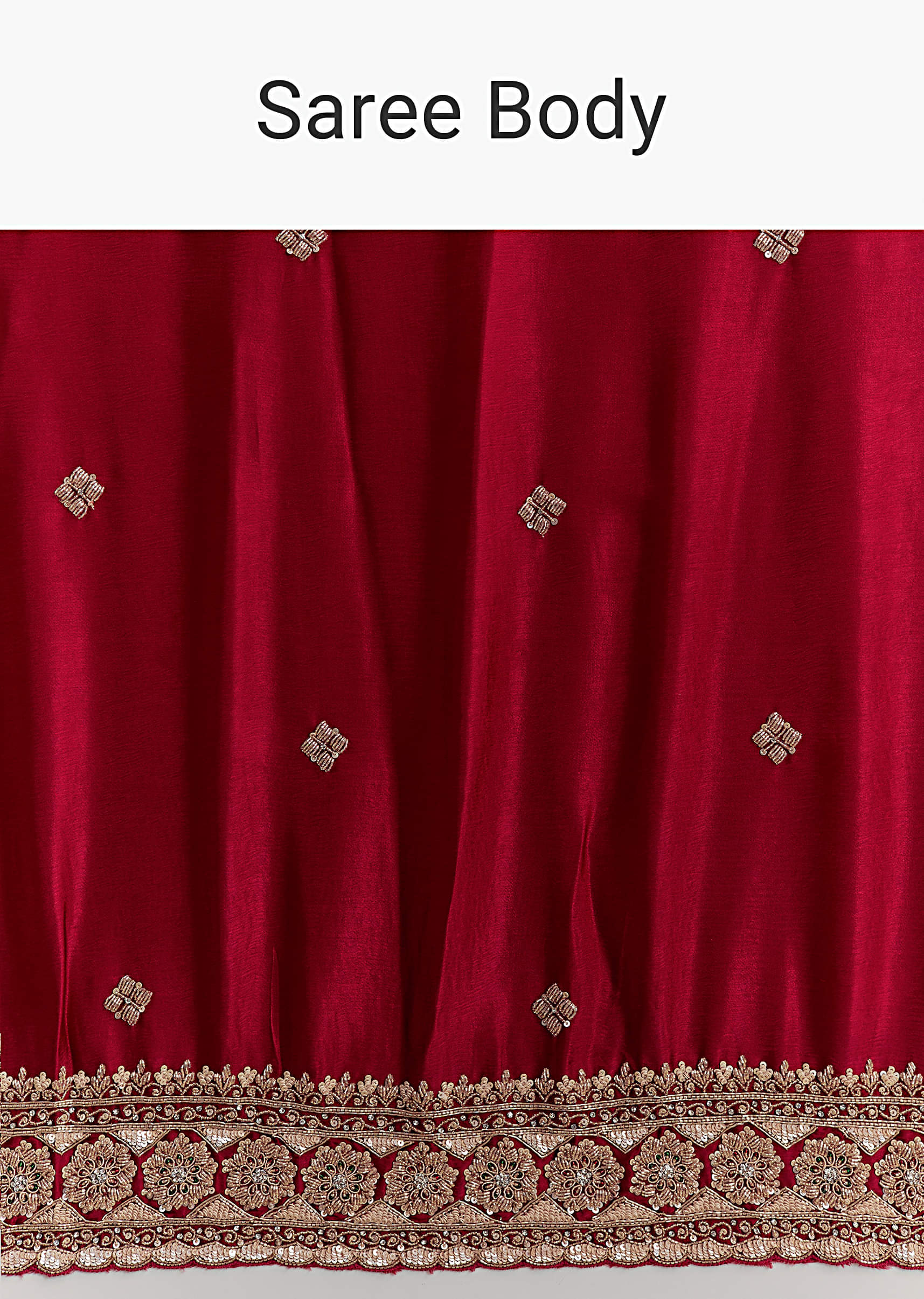Crimson Red Satin Saree With Floral Border And Butti - Image 9