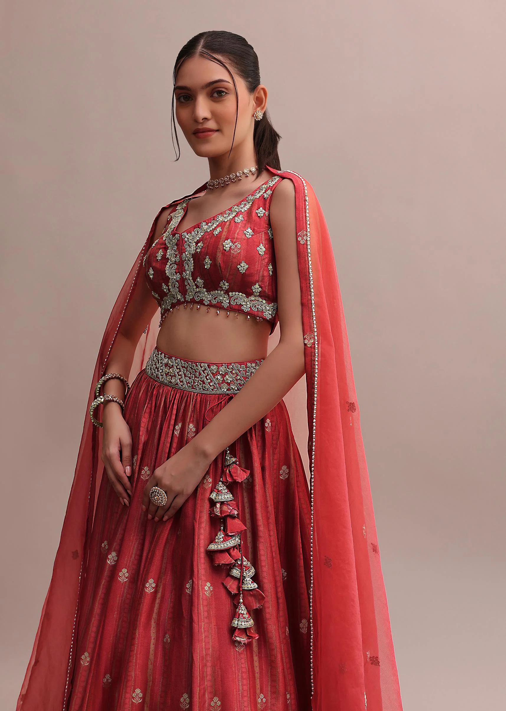 Crimson Red Zardosi Embroidered Choli Lehenga Set With A Net Dupatta - Image 5