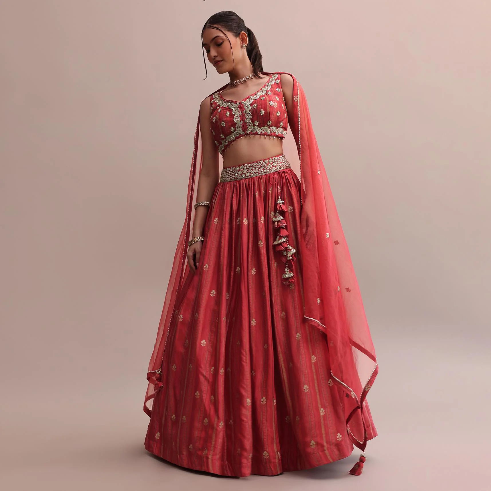 Crimson Red Zardosi Embroidered Choli Lehenga Set With A Net Dupatta - Image 7