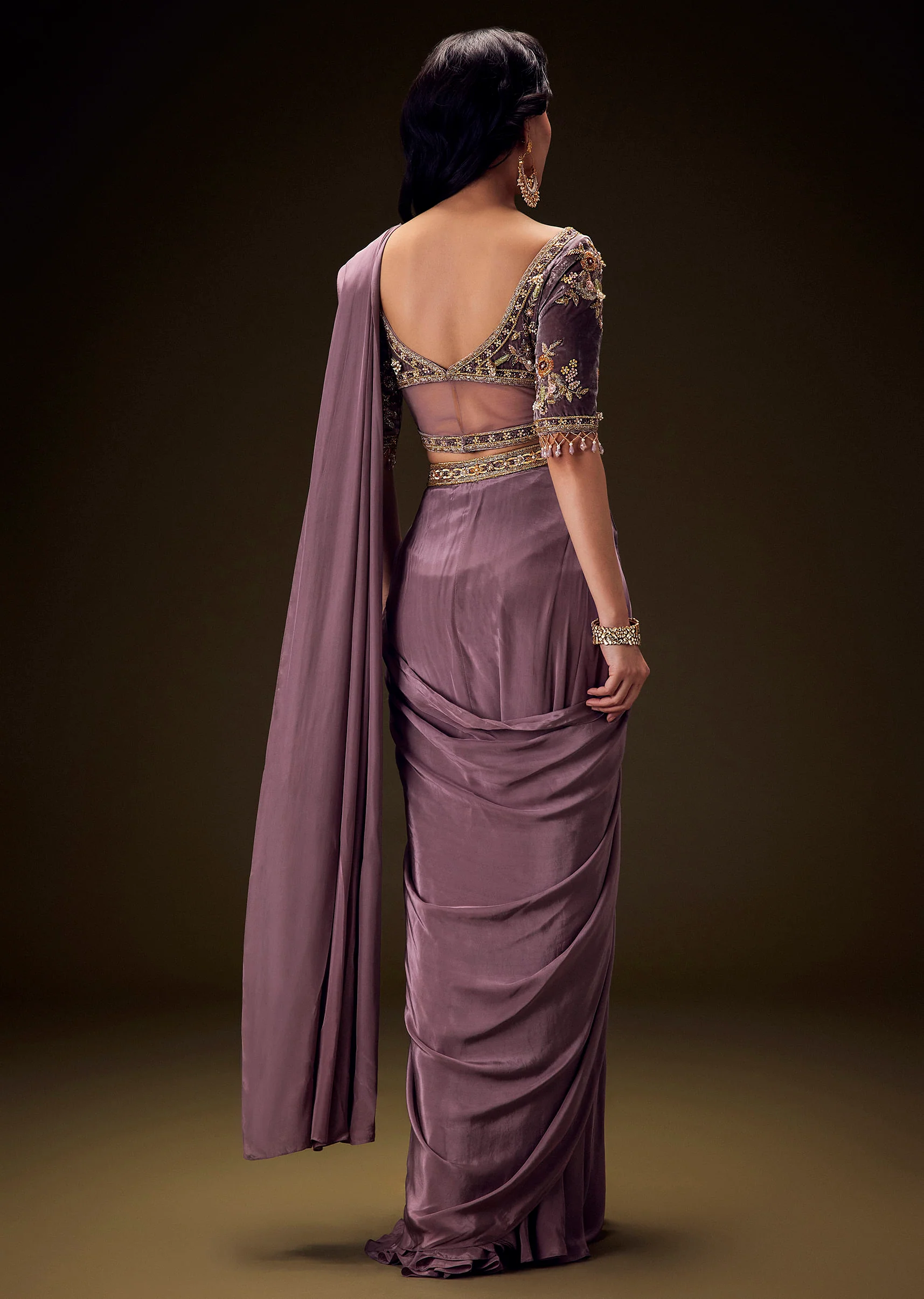 Dahlia Purple Ready To Wear Saree With Hand Embroided Belt Hand Velvet Blouse - Image 2