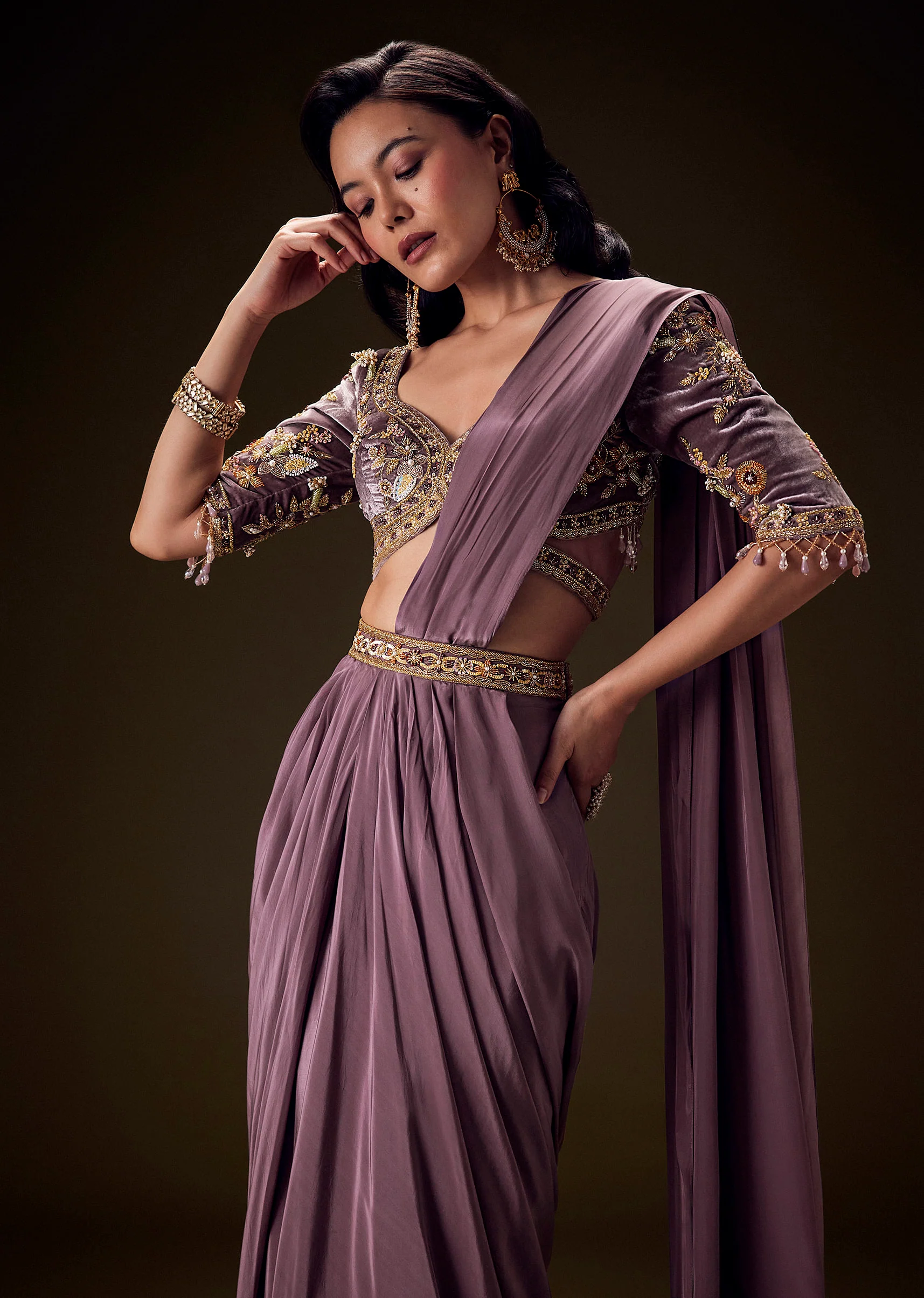 Dahlia Purple Ready To Wear Saree With Hand Embroided Belt Hand Velvet Blouse - Image 3