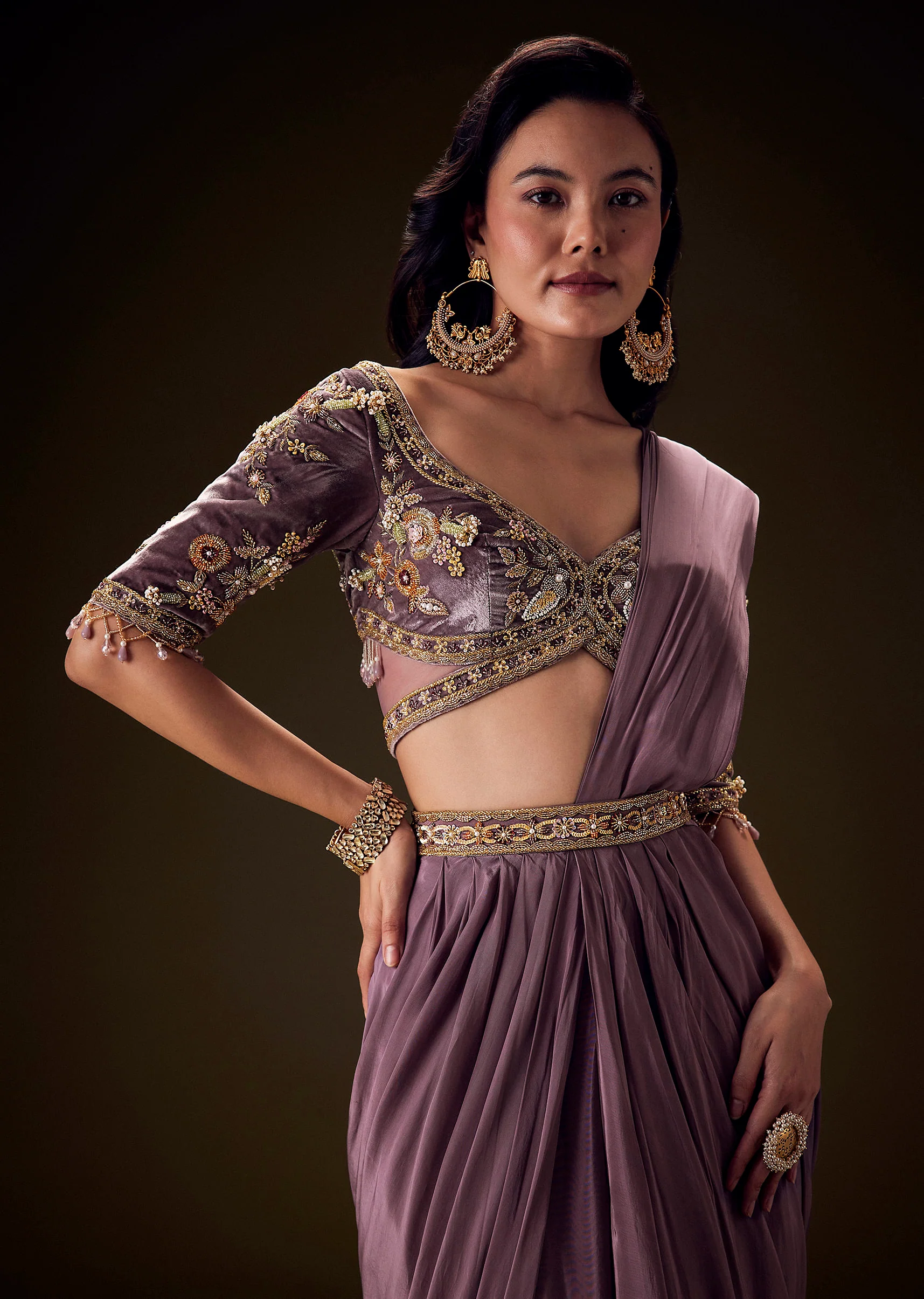 Dahlia Purple Ready To Wear Saree With Hand Embroided Belt Hand Velvet Blouse - Image 4