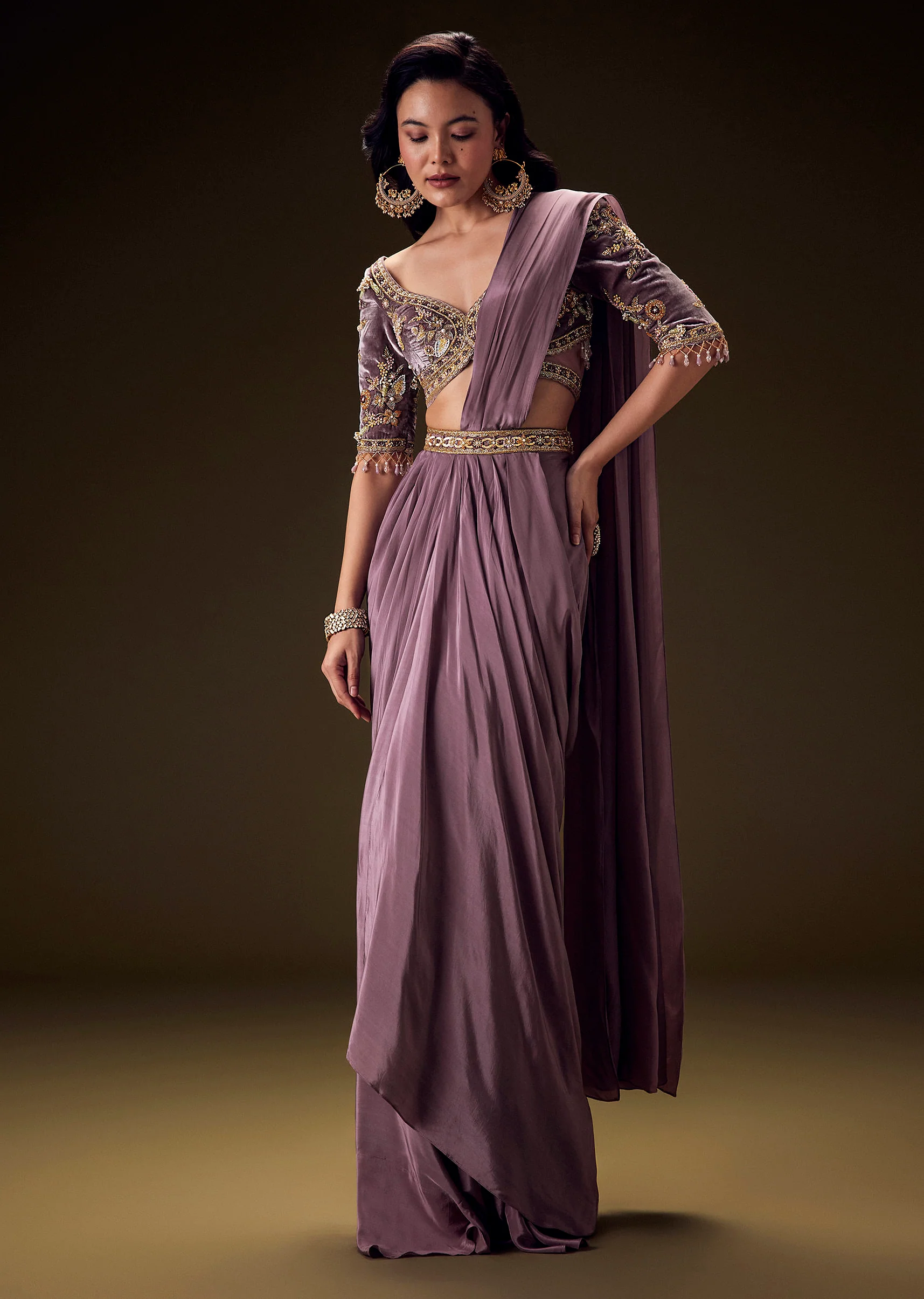 Dahlia Purple Ready To Wear Saree With Hand Embroided Belt Hand Velvet Blouse - Image 5