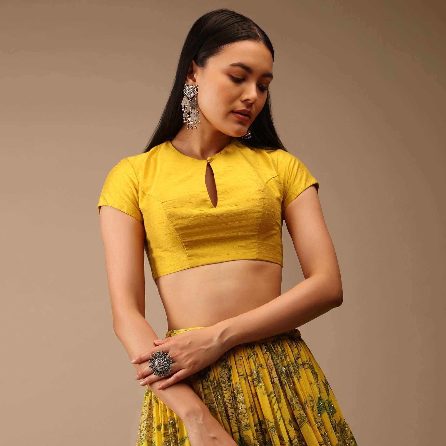 Dandelion Yellow Blouse In Raw Silk With Cap Sleeves And Keyhole Neckline - Image 3