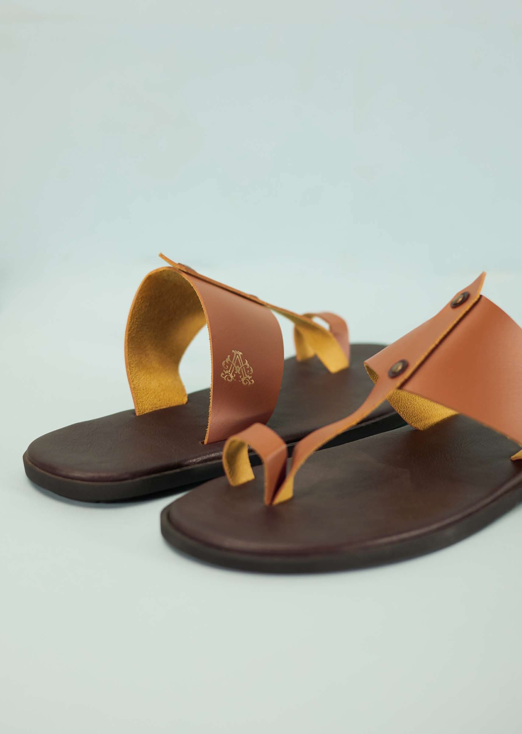 Dark And Tan Brown Strappy Slides For Men In Leather With Buttons - Image 2