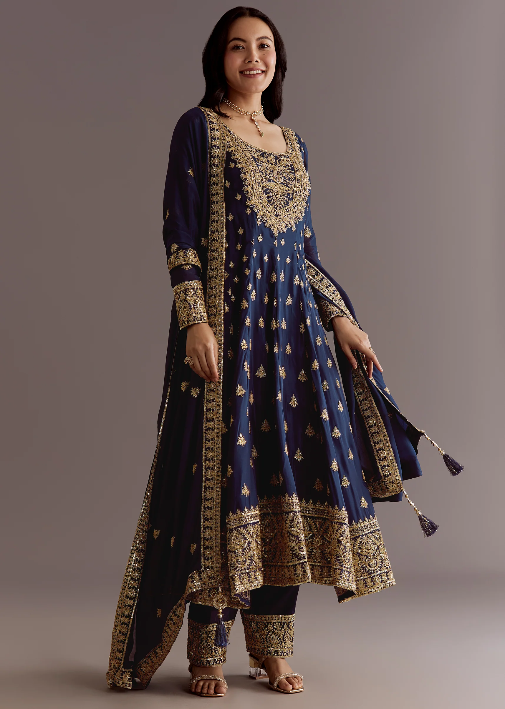 Dark Blue Chinon Zari Embroidered Anarkali Suit With Dupatta - Image 3
