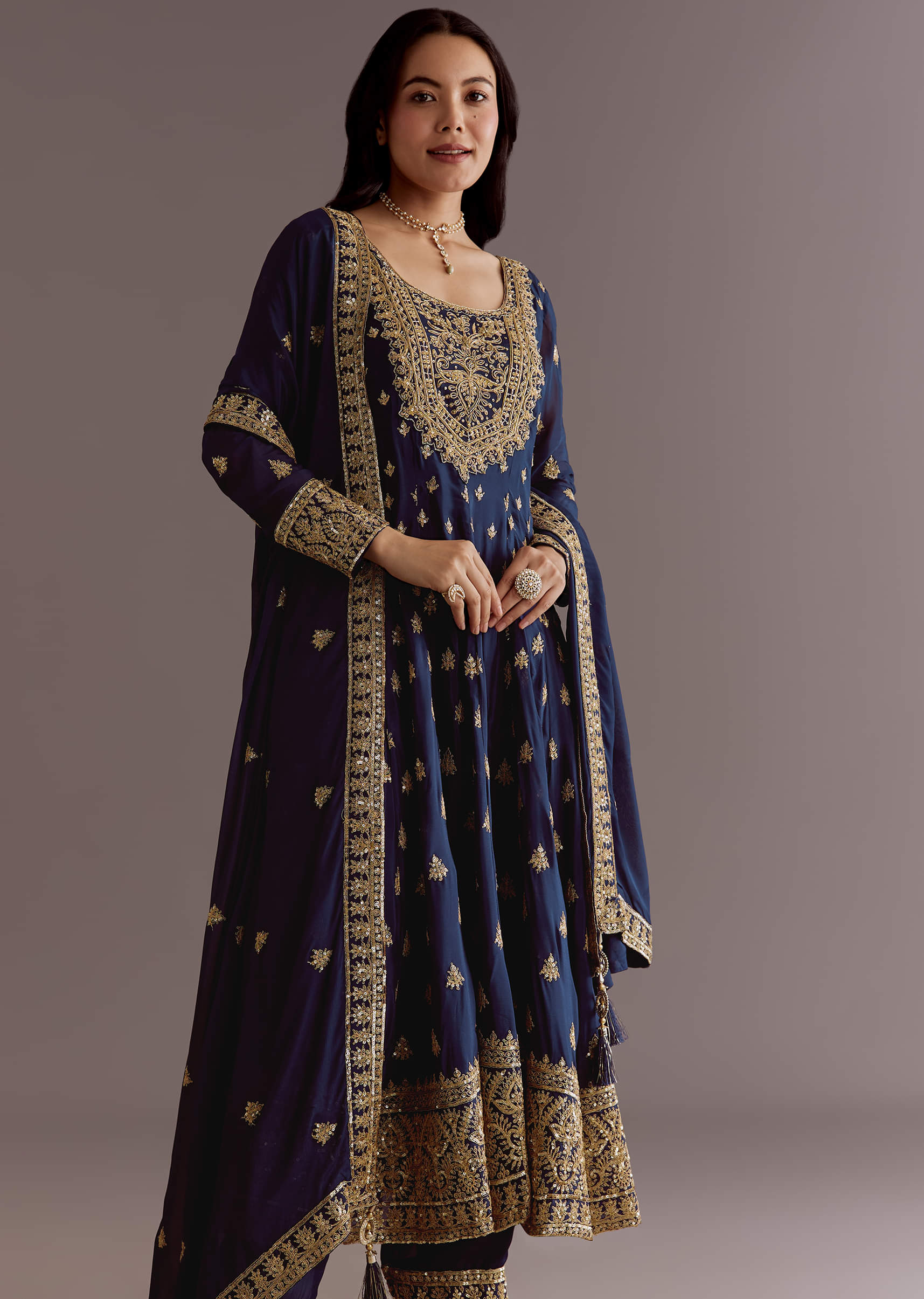 Dark Blue Chinon Zari Embroidered Anarkali Suit With Dupatta - Image 4