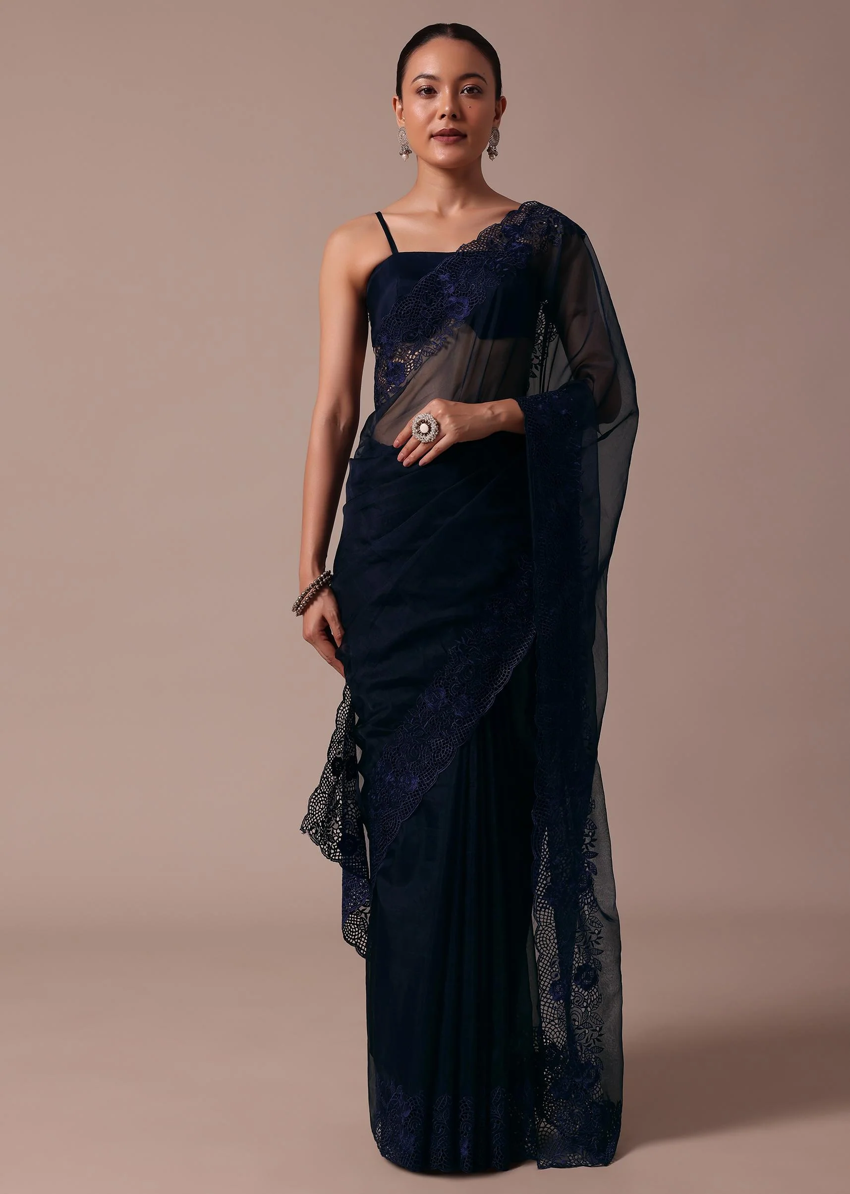 Dark Blue Organza Embroidered Saree With Unstitched Blouse - Image 3