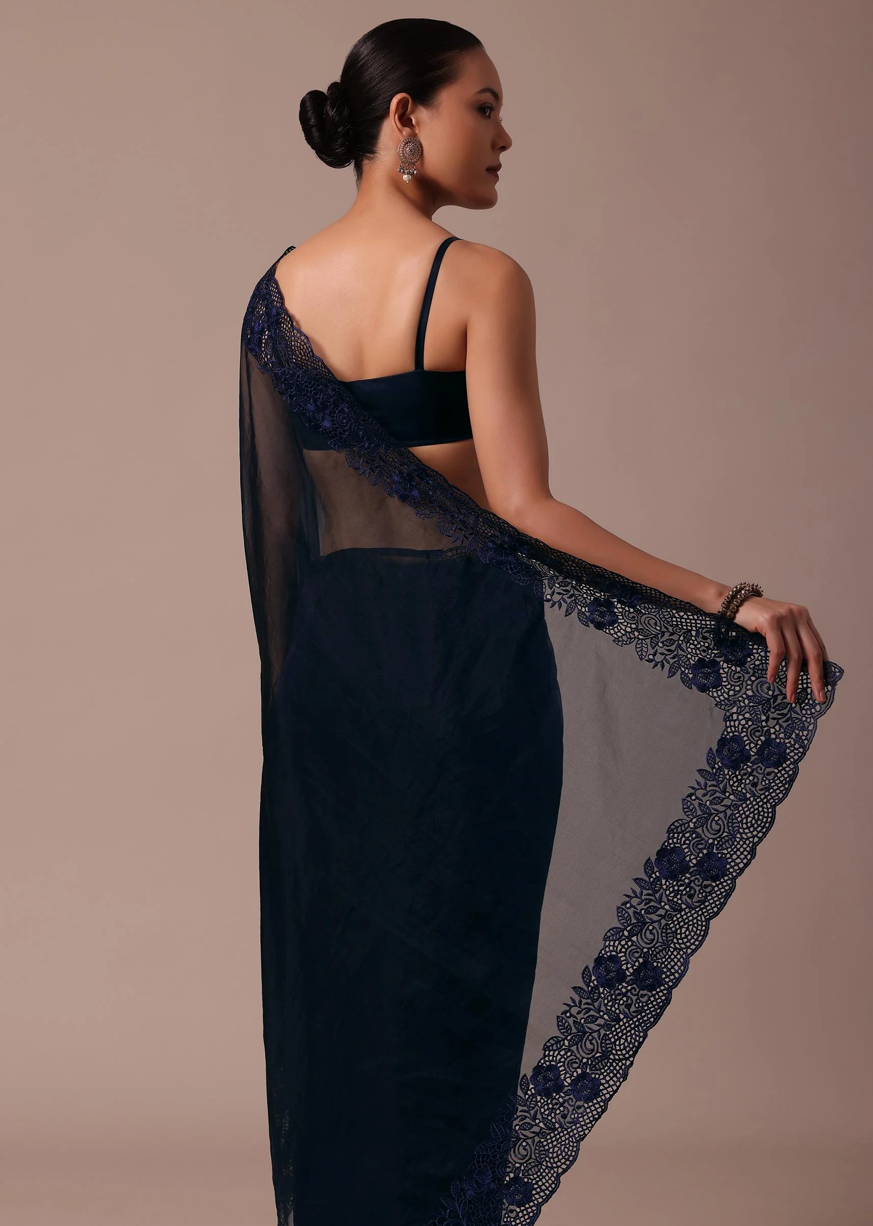 Dark Blue Organza Embroidered Saree With Unstitched Blouse - Image 6