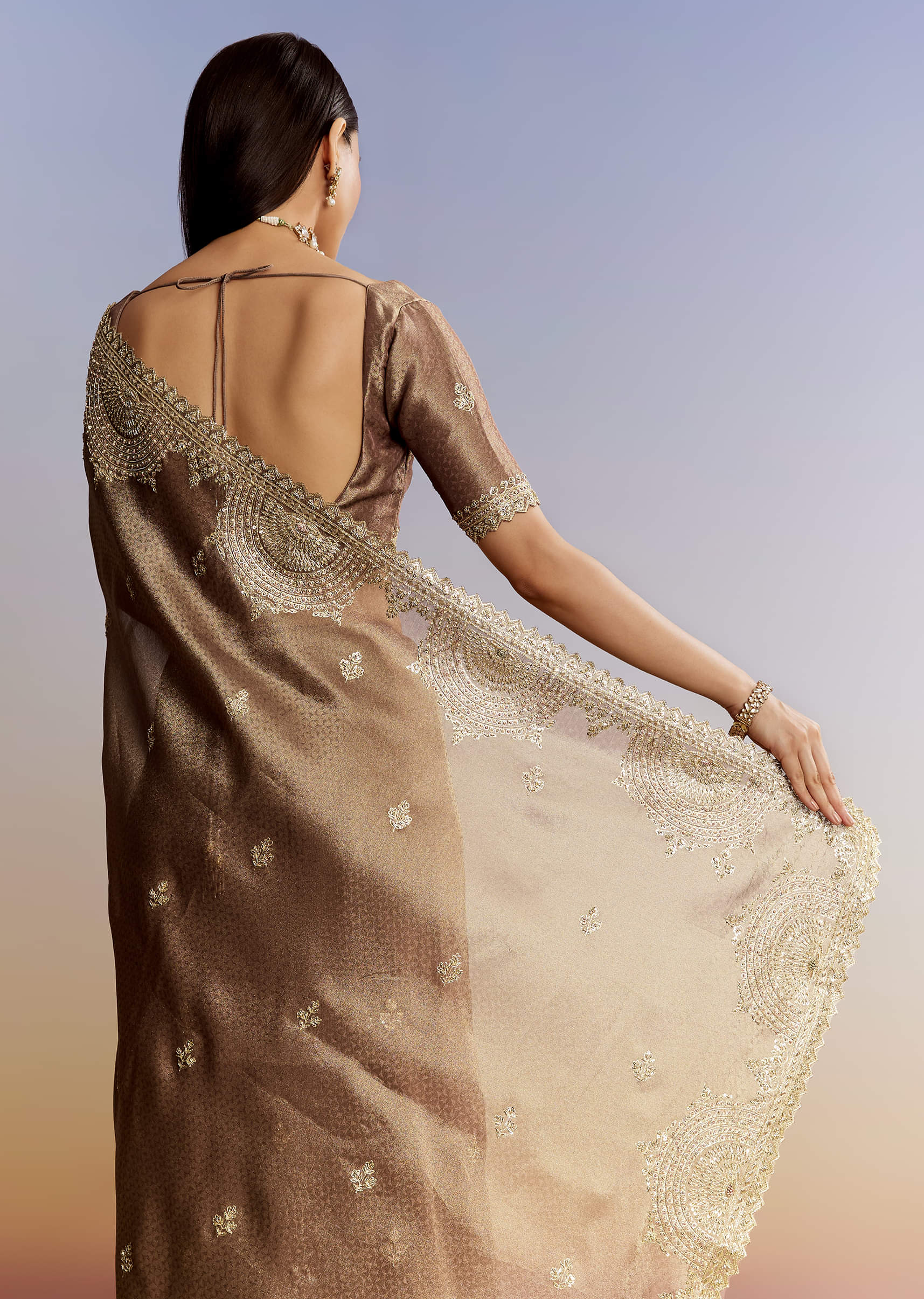 Dark Brown Jacquard Tissue Saree With Zigzag Zardosi Border - Image 4