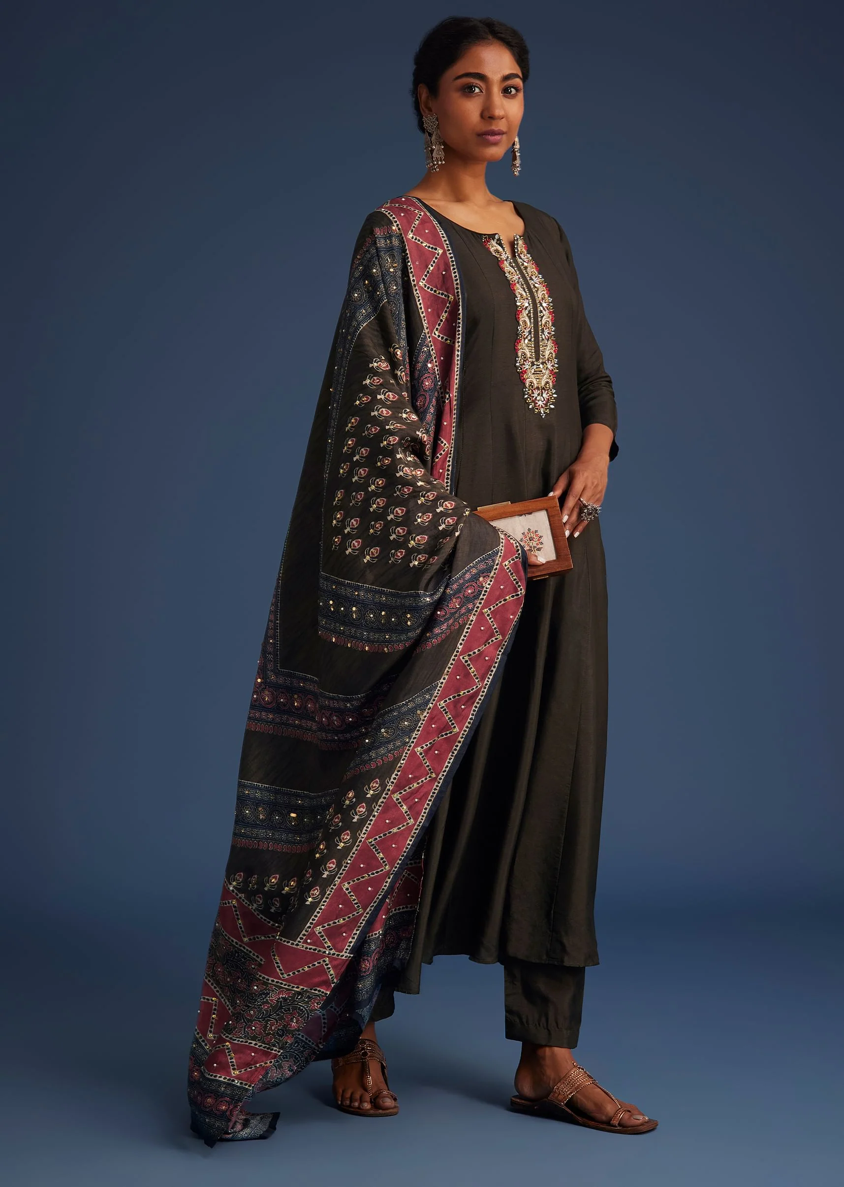 Dark Brown Silk Anarkali Set With Ajrakh Print Dupatta - Image 3