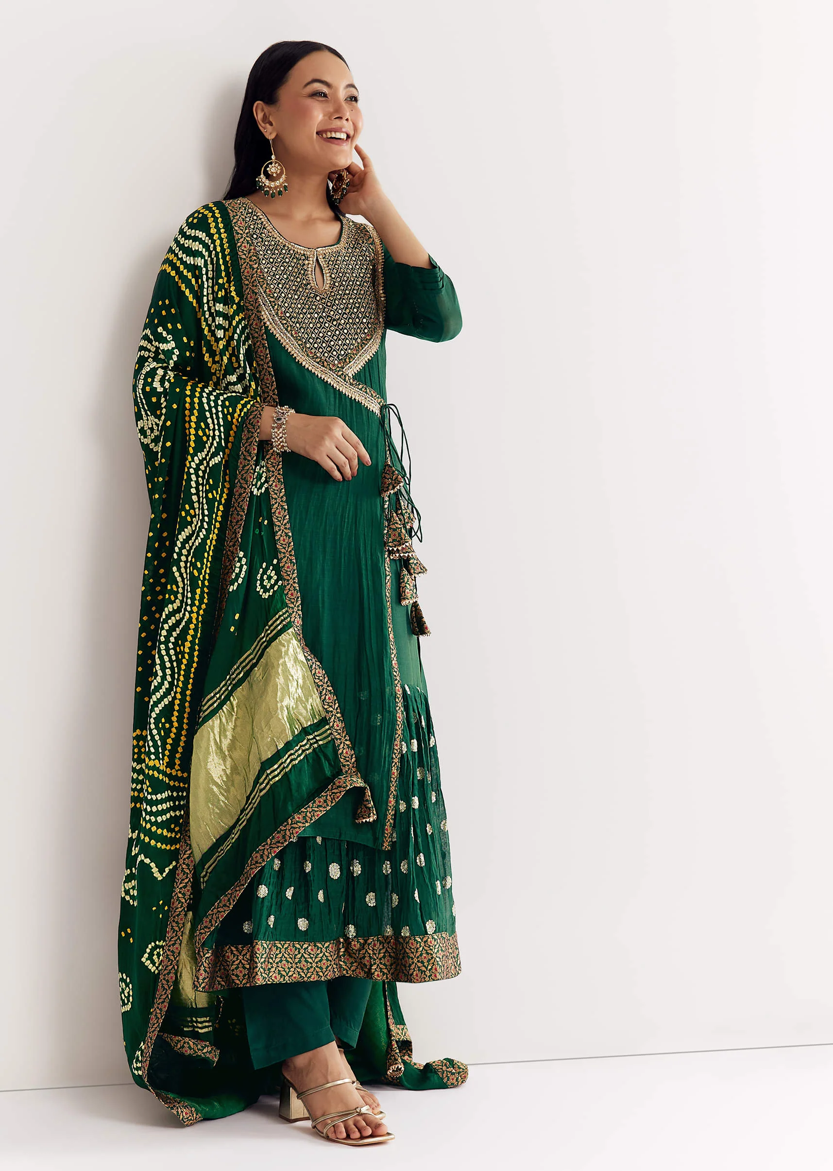 Dark Green Angrakha Kurta Set With Bandhani Dupatta - Image 3