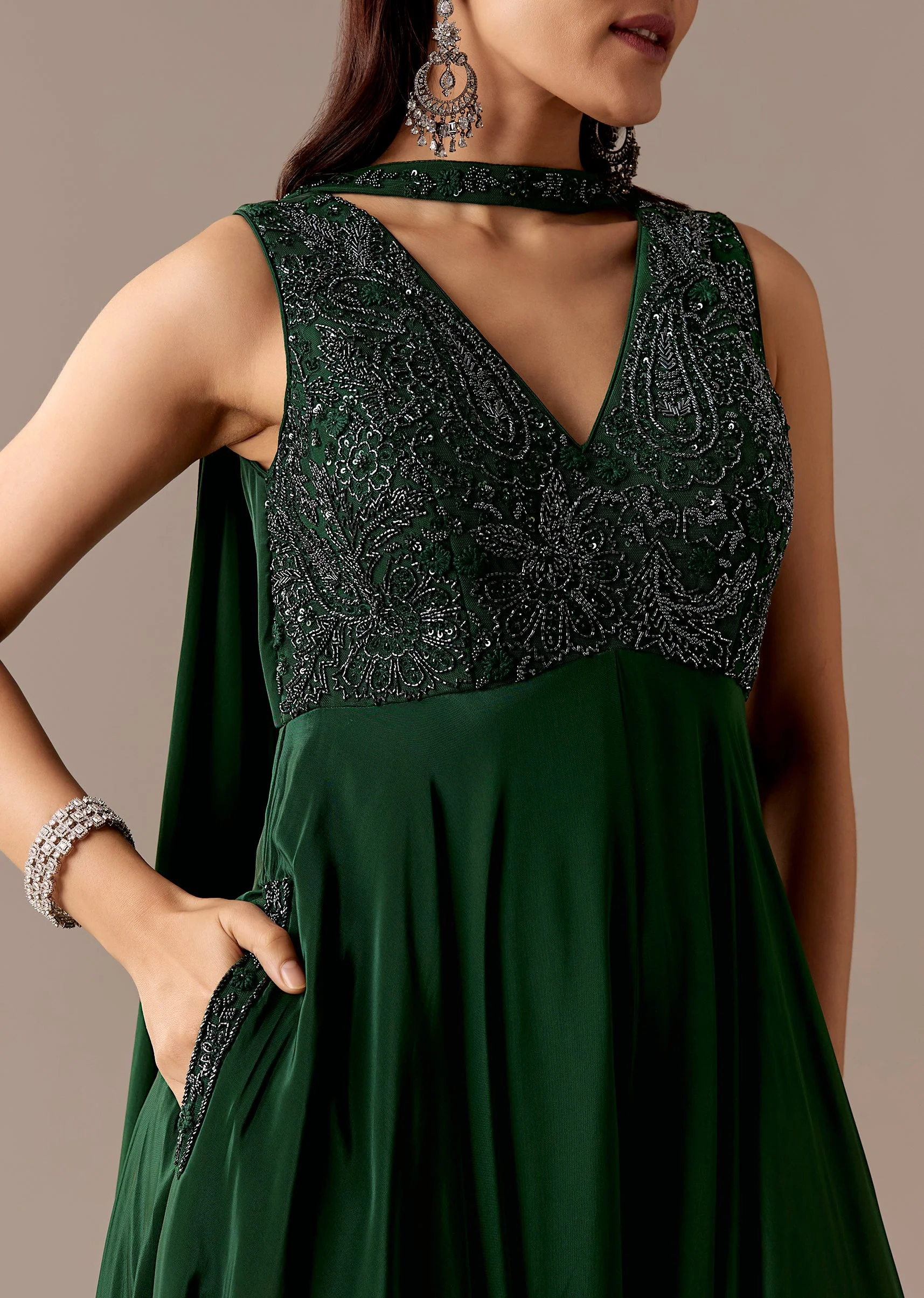 Dark Green Beaded Jumpsuit With Dupatta - Image 2