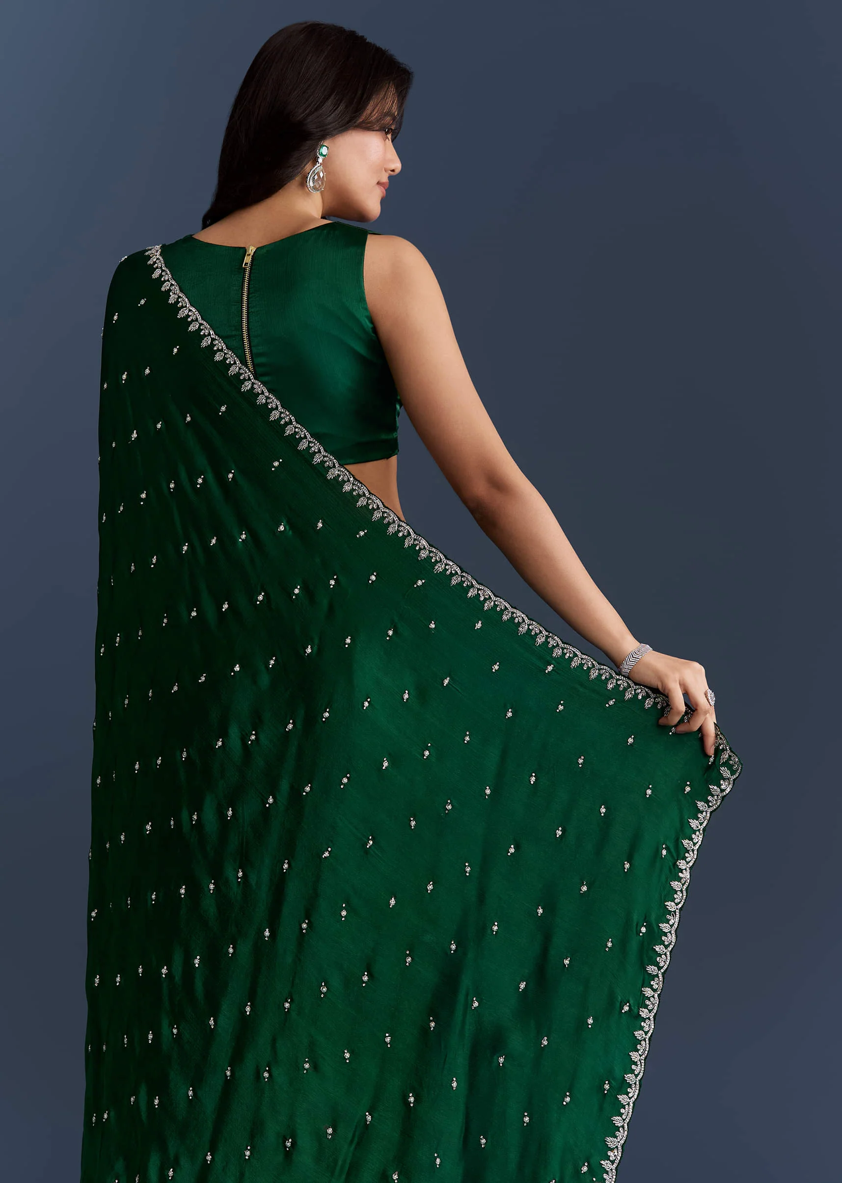 Dark Green Chinon Embroidered Saree With Intricate Hand Embroidery - Image 6