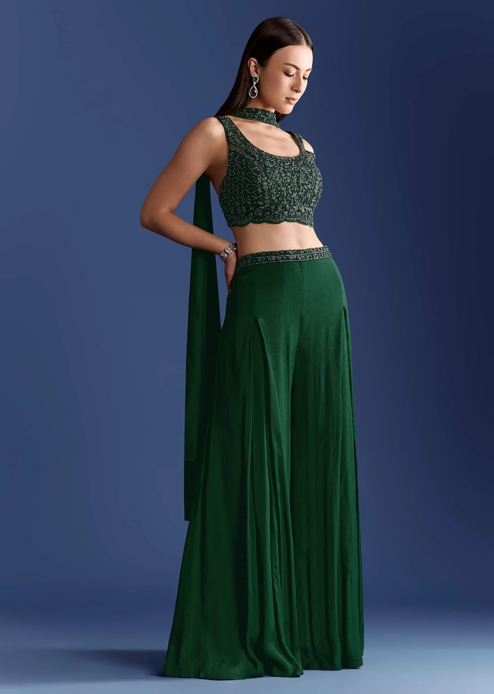 Dark Green Chinon Palazzo Set With Cutdana Croptop And Choker Dupatta - Image 4