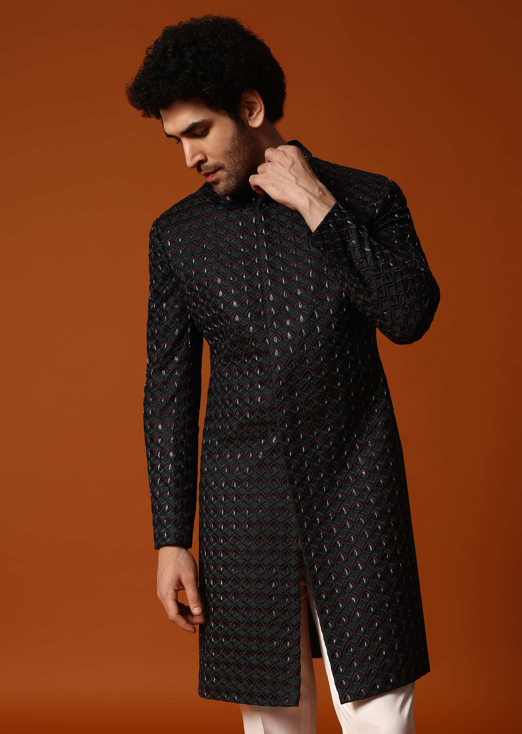 Dark Green Cutdana Embroidered Sherwani Set For Men - Image 3
