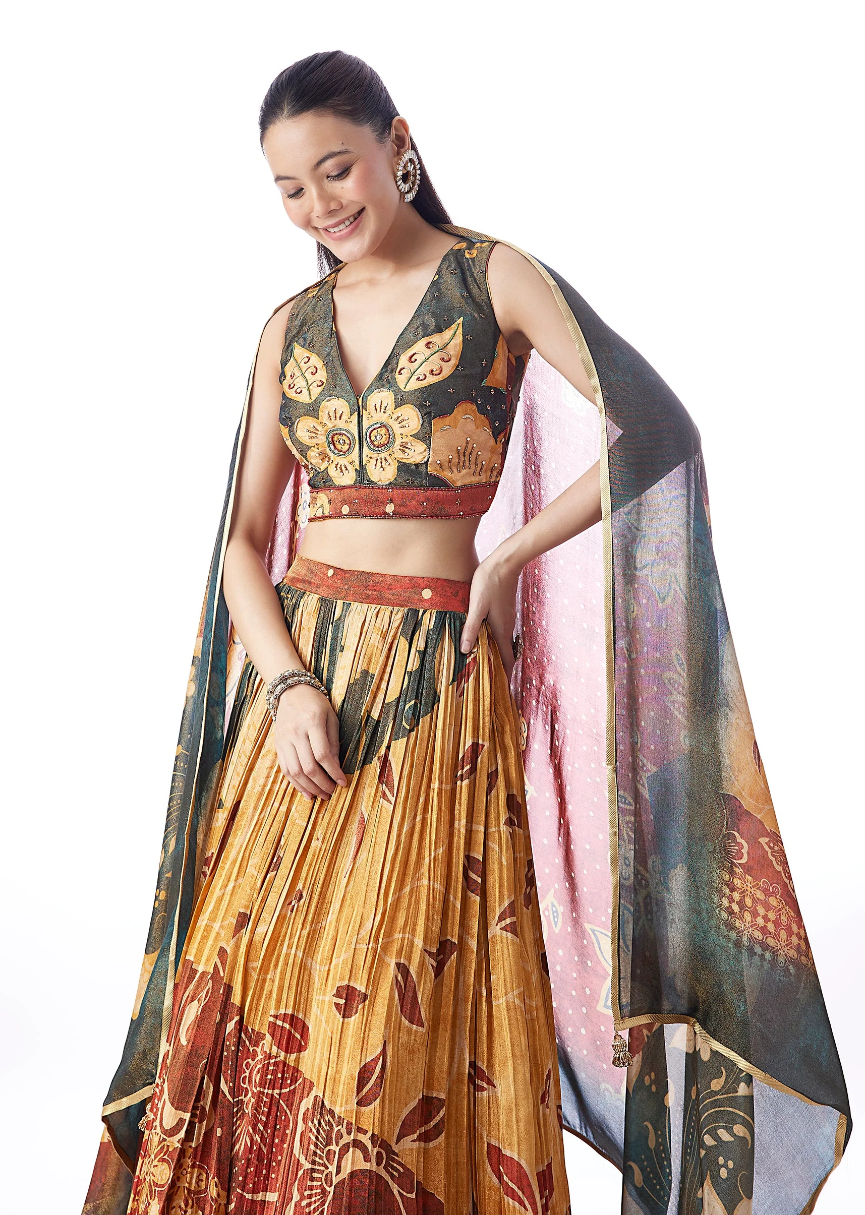 Dark Green Floral Printed Lehenga - Image 5