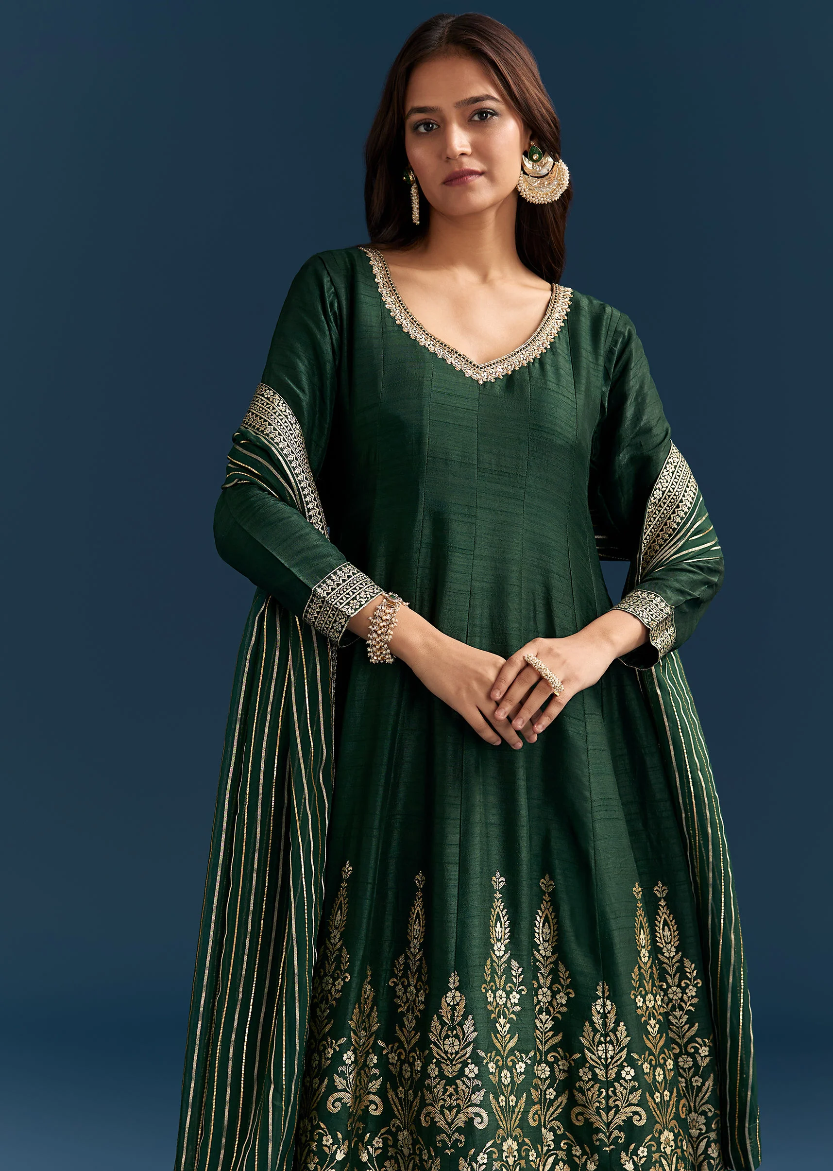 Dark Green Jacquard Silk Anarkali Suit With Festive Dupatta - Image 2